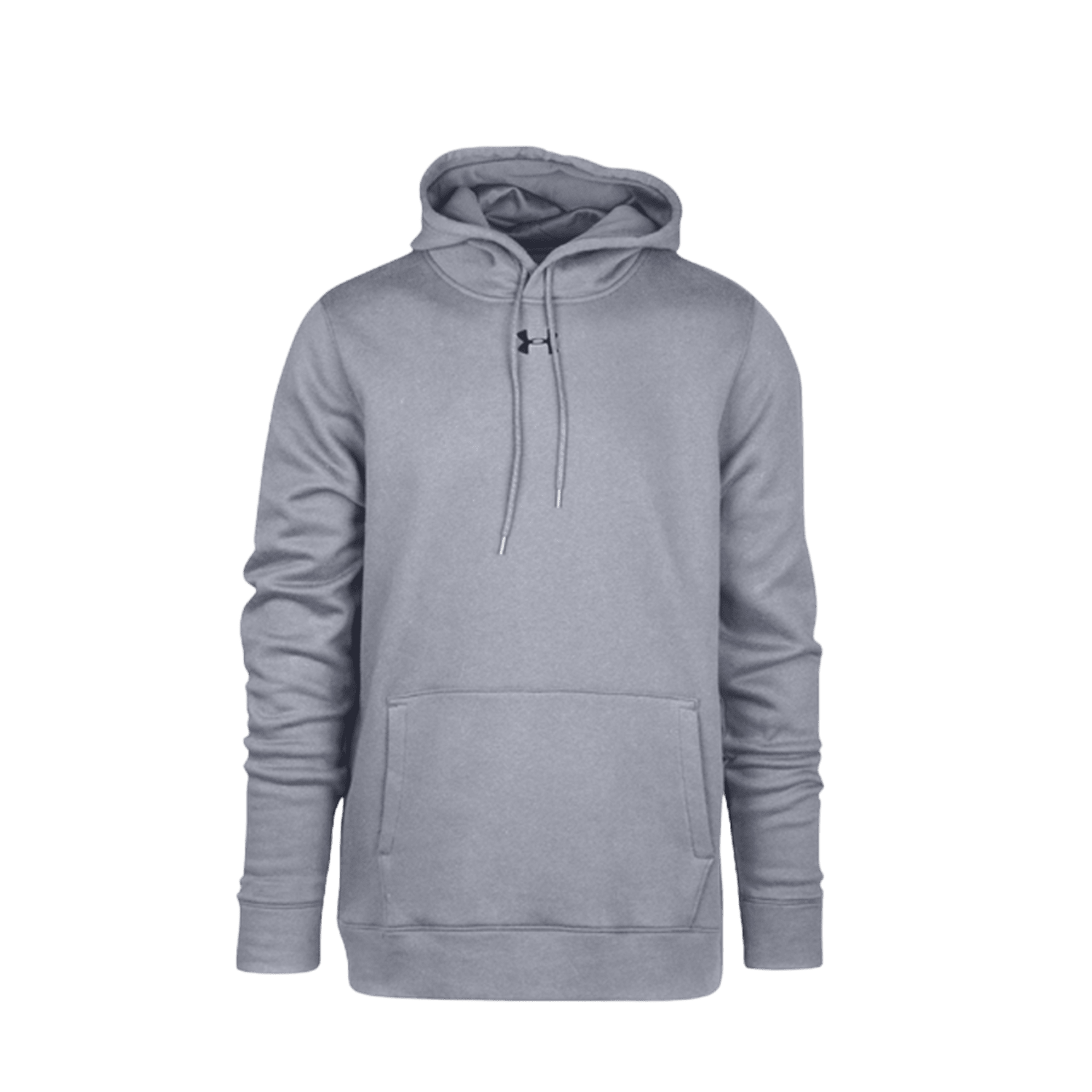 A UA Fleece Team Hoodie from Under Armour in gray, featuring a front pocket and drawstrings, showcases a small black logo on the chest. Its breathable fabric provides comfort and warmth, all beautifully set against a plain green background.