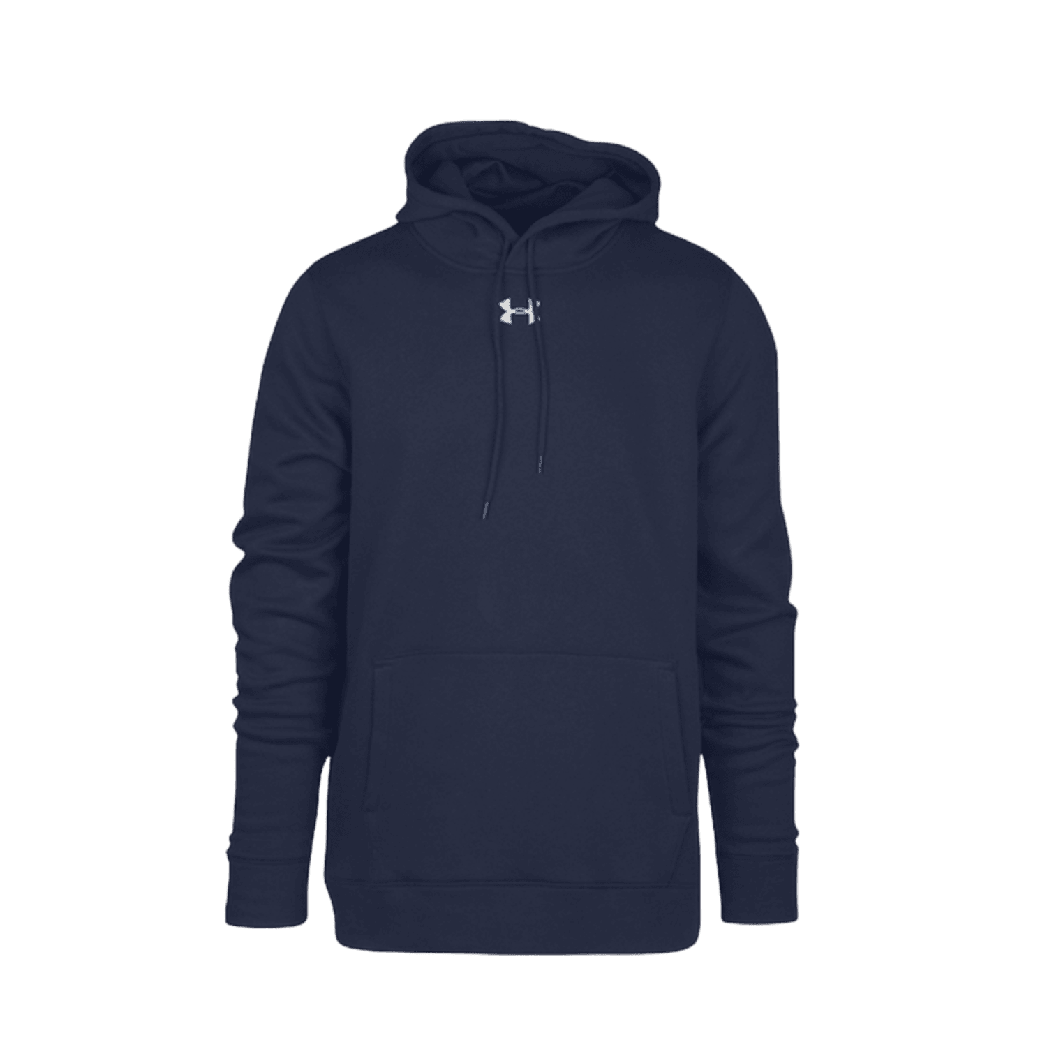 This navy blue UA Fleece Team Hoodie by Under Armour is crafted with Armour Fleece® for added warmth and features a front pocket and drawstring hood, with the brand's logo prominently displayed in white on the chest.