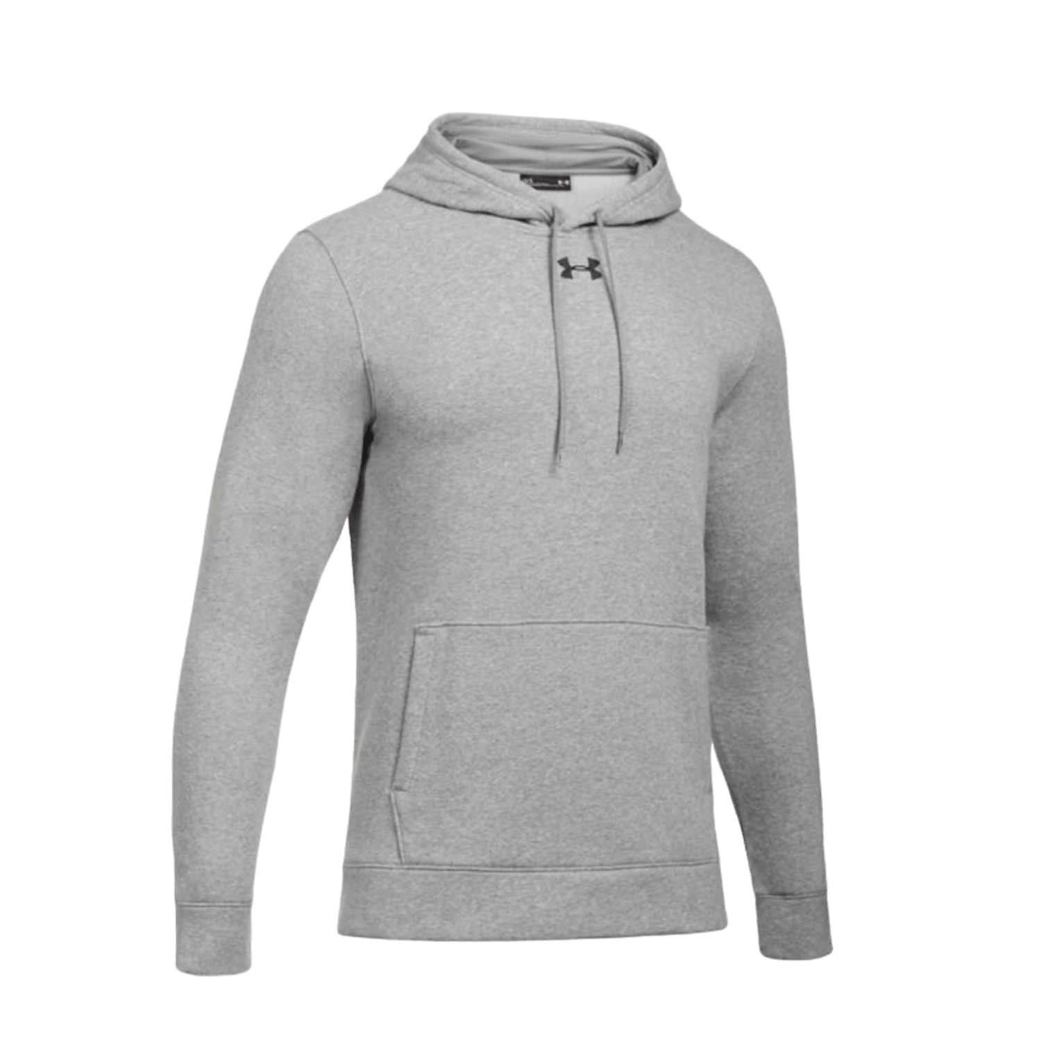 The UA Hustle Fleece Hoodie by Under Armour in light gray is designed with long sleeves, a front pocket, and a subtle logo on the chest. Crafted from lightweight fleece, it features drawstrings on the hood for extra style. Its soft and comfortable fabric makes it ideal for everyday wear.