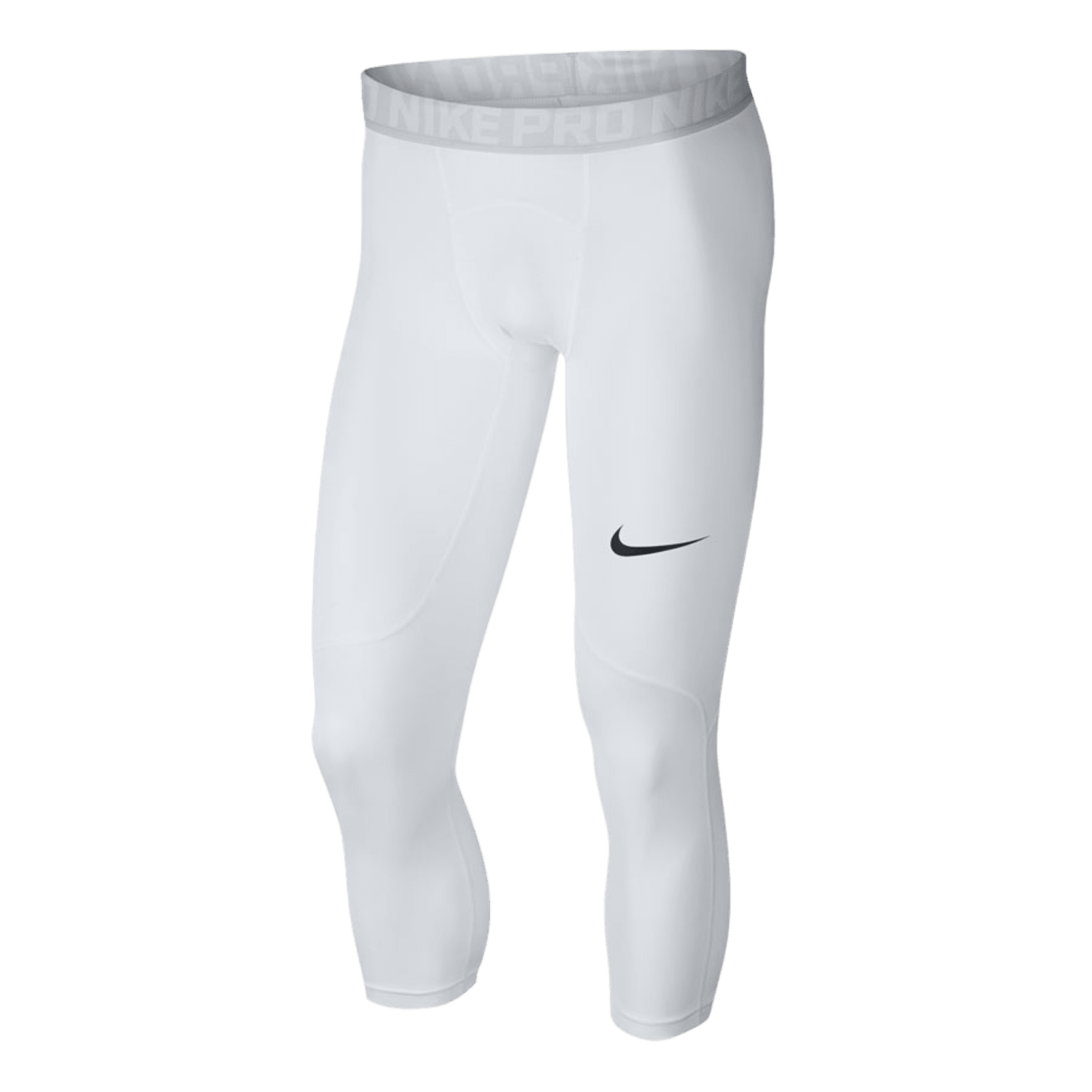 A pair of white Men's Nike Pro 3QTR Tights-White with the Nike swoosh logo in black on the left thigh. The tights have a gray waistband featuring the "NIKE PRO" text in a lighter shade of gray. Ideal for colder games, these 3/4 length tights end mid-calf.