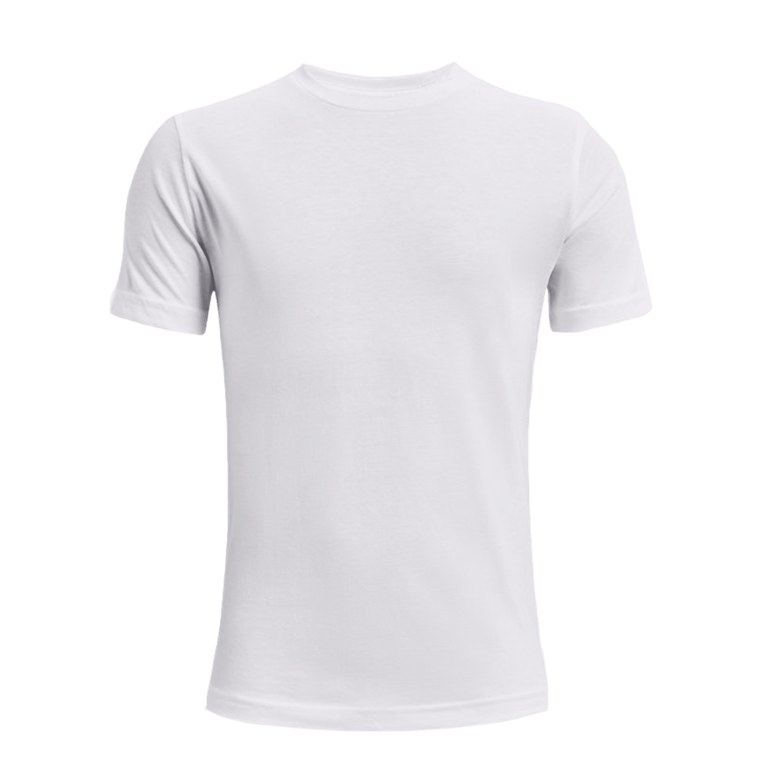 The UA Camp T-Shirt by Under Armour, made from a cotton blend fabric, is shown against a transparent background. It has short sleeves and a crew neck design, showcasing a simple and classic style.