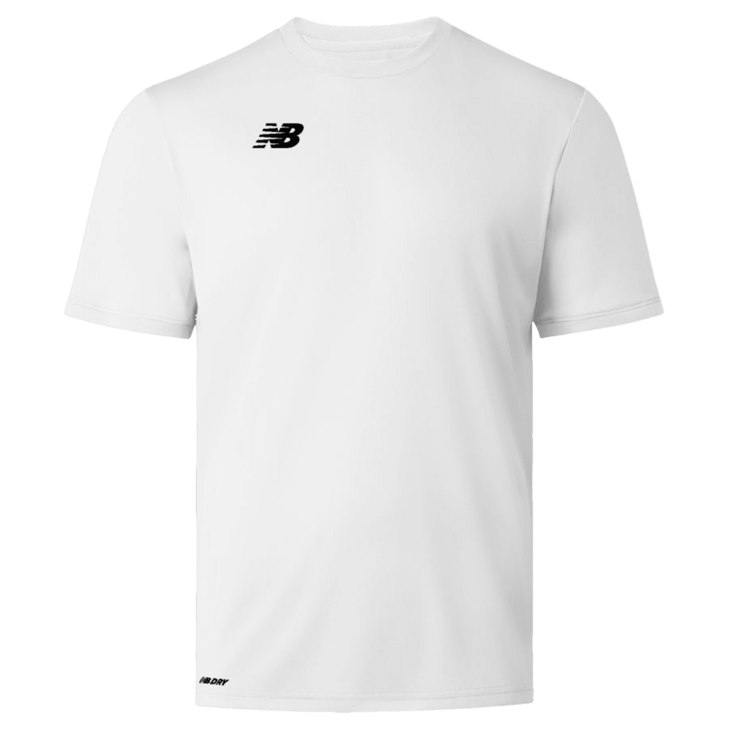 The New Balance Brighton Jersey T-shirt is a plain white tee designed with an athletic fit, showcasing the brand's logo on the upper left chest and lower right hem. It features a classic crew neck and is crafted from Brighton Jersey material, offering moisture-wicking properties for enhanced comfort.