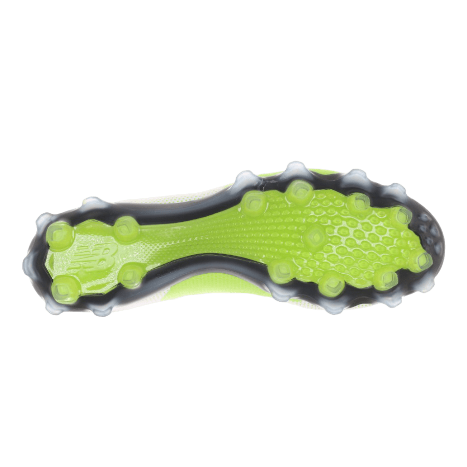 The image highlights the sole of a soccer shoe, displaying a vivid lime green hue with dark gray edges and numerous circular studs for traction on the field. This design is similar to the New Balance Freeze LX 4 Mid Cleats - LE Neon lacrosse shoes, renowned for their dependable grip.