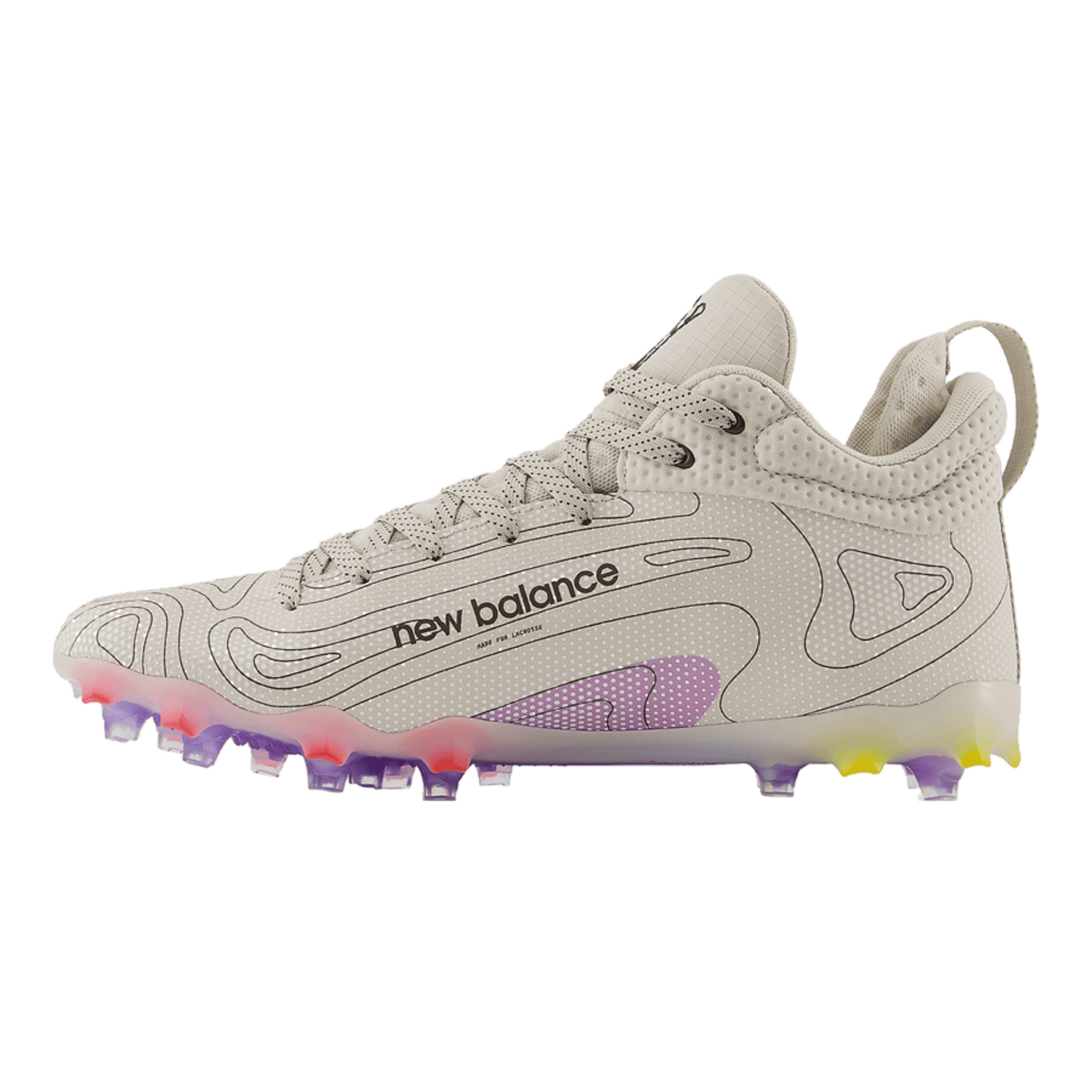 A single athletic shoe, the New Balance Freeze 4 LX Mid Limited Edition, with a beige upper featuring intricate wave patterns, red and yellow "N" logo, white laces, and a multicolored translucent sole with pastel hues. This limited edition lacrosse cleat is designed for sports use.