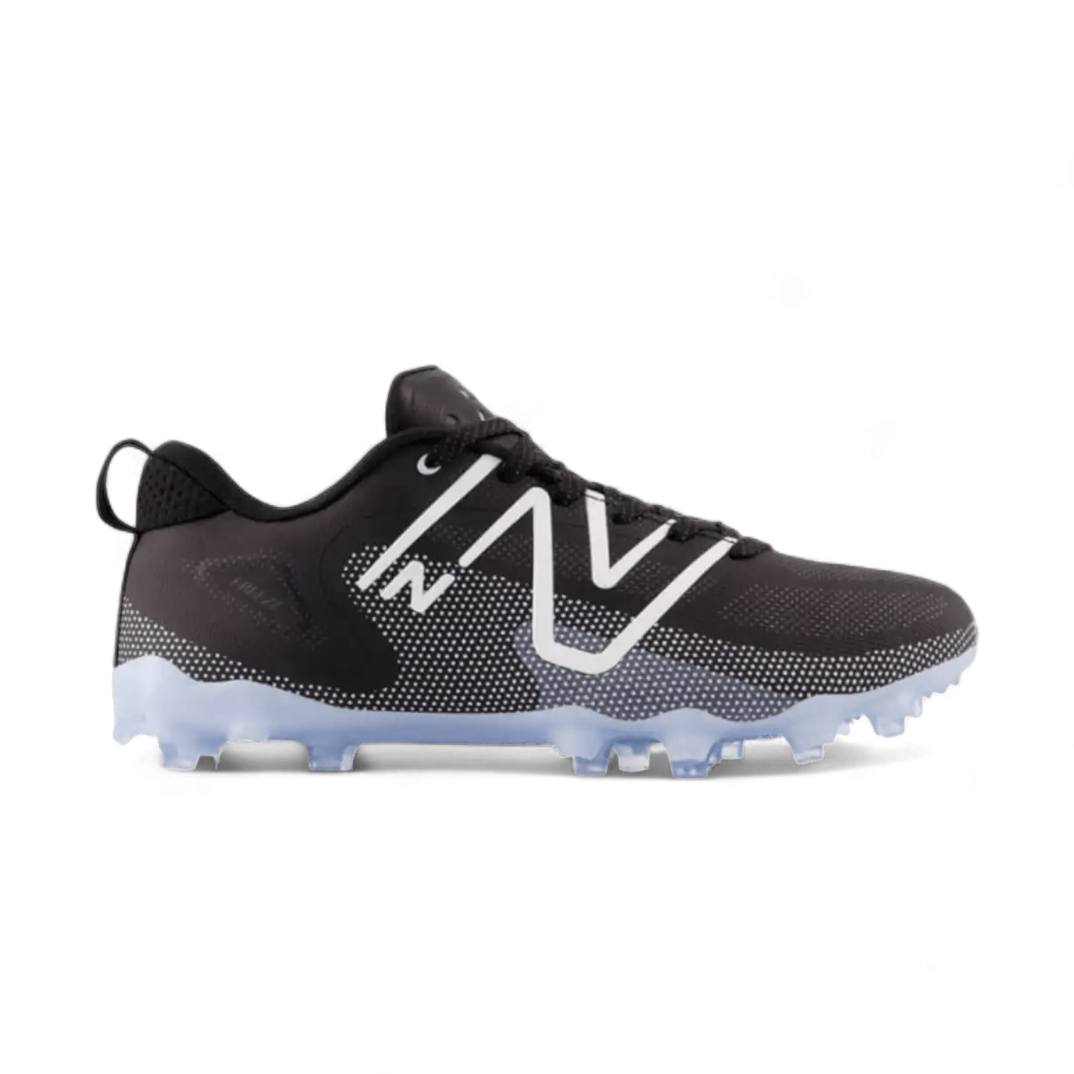 The New Balance Freeze LX 4 Low Cleats - Black presents a stylish black athletic shoe with a white graphic design, featuring a low-cut style and cleated sole perfect for lacrosse. It includes a patterned lower half and a heel pull tab, enhanced by the advanced QUIX outsole for exceptional traction on the field.