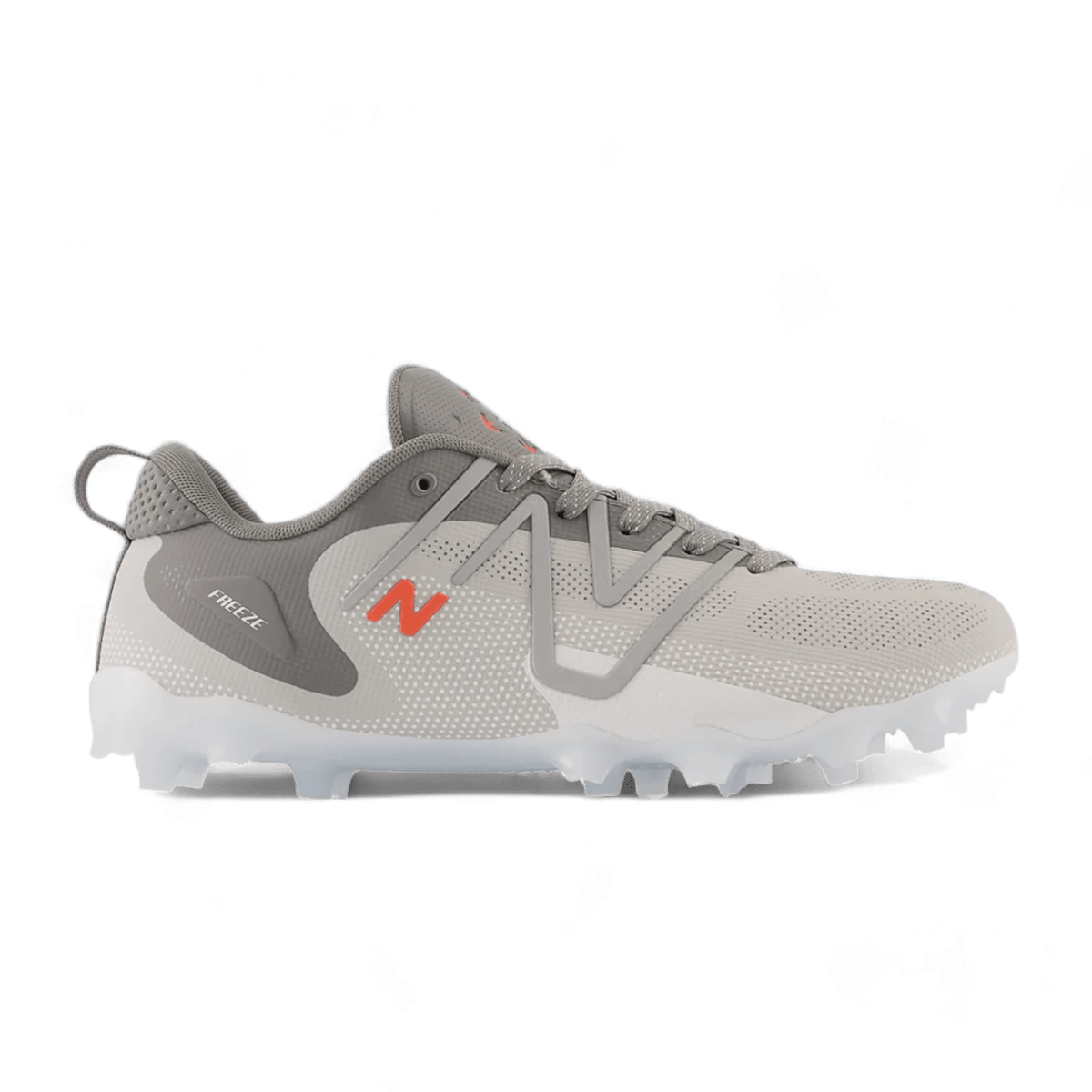 The New Balance Freeze LX 4 Low Cleats in grey, accented with orange, feature a QUIX outsole for improved traction and a lightweight synthetic/mesh upper for breathability. Its sleek design is enhanced with a pull tab on the heel for easy wearing, expertly engineered like lacrosse cleats.