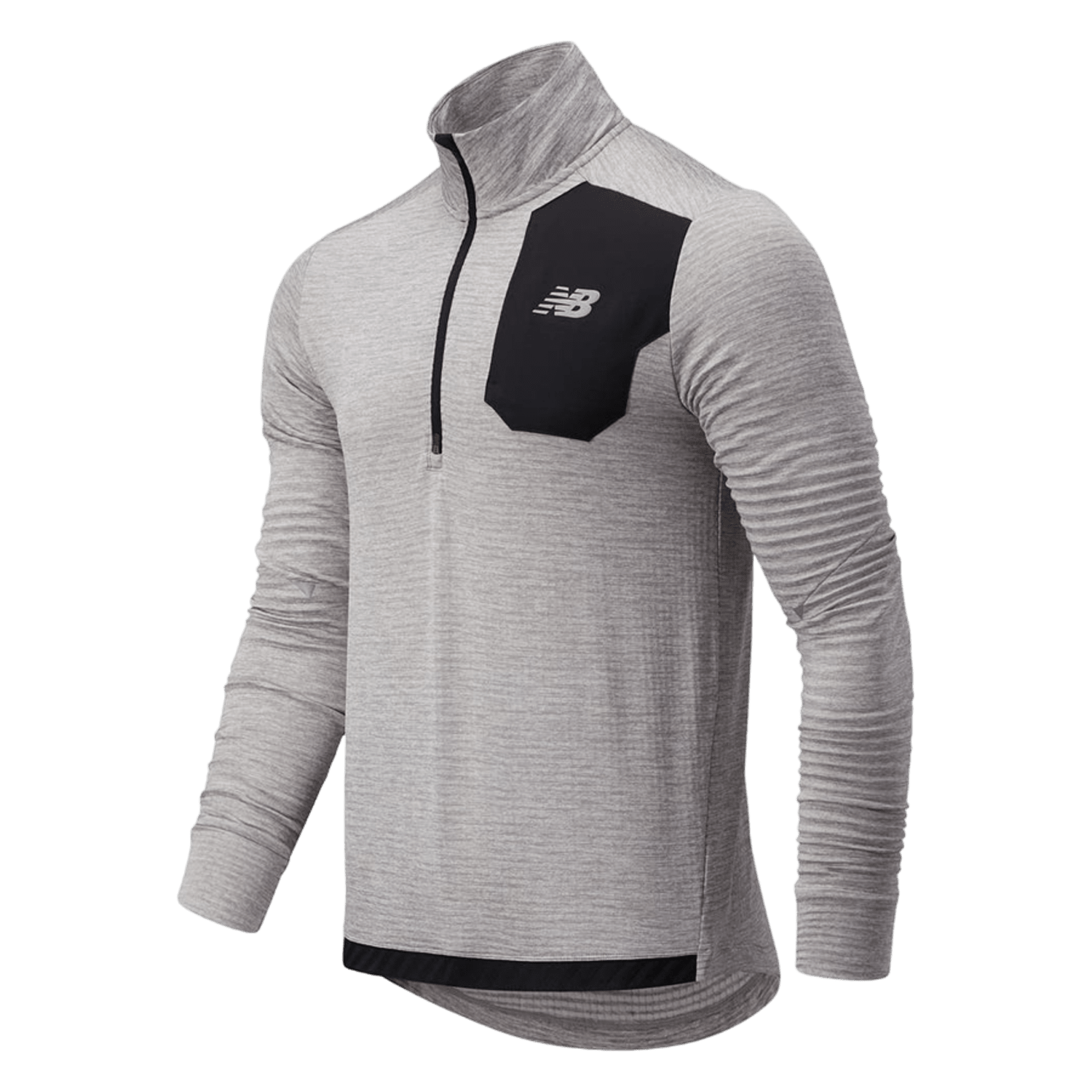 The New Balance Heat Grid ½-Zip Pullover is a gray long-sleeve athletic shirt made from textured fleece fabric, featuring a black chest pocket with a logo. It boasts an athletic fit and utilizes NB HEAT technology to enhance performance.