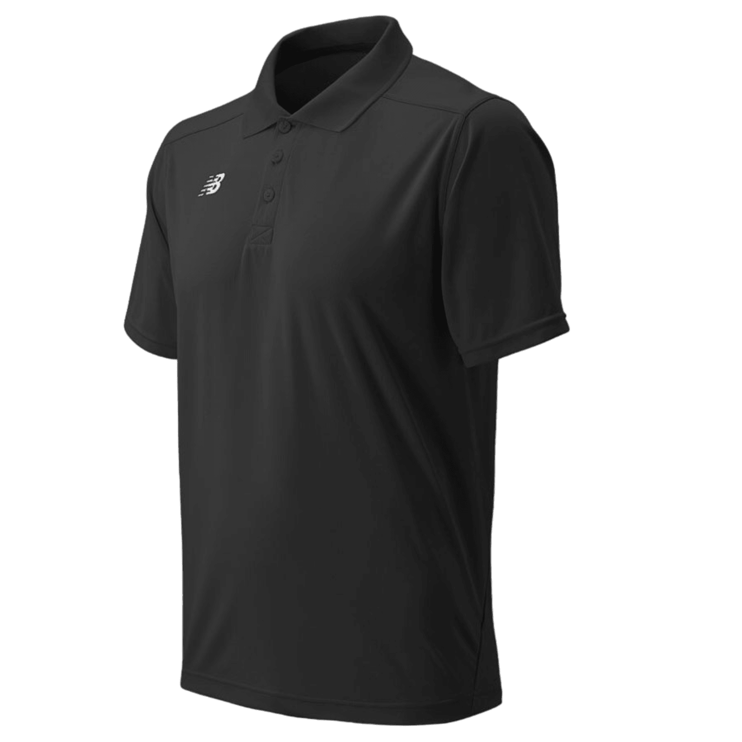 Introducing the New Balance Performance Polo: a sleek black polo shirt made from lightweight knit fabric, complete with a collar and three buttons. It incorporates NB DRY moisture-wicking technology and showcases a subtle white logo on the right chest, ensuring you stay comfortable while maintaining a timeless look.