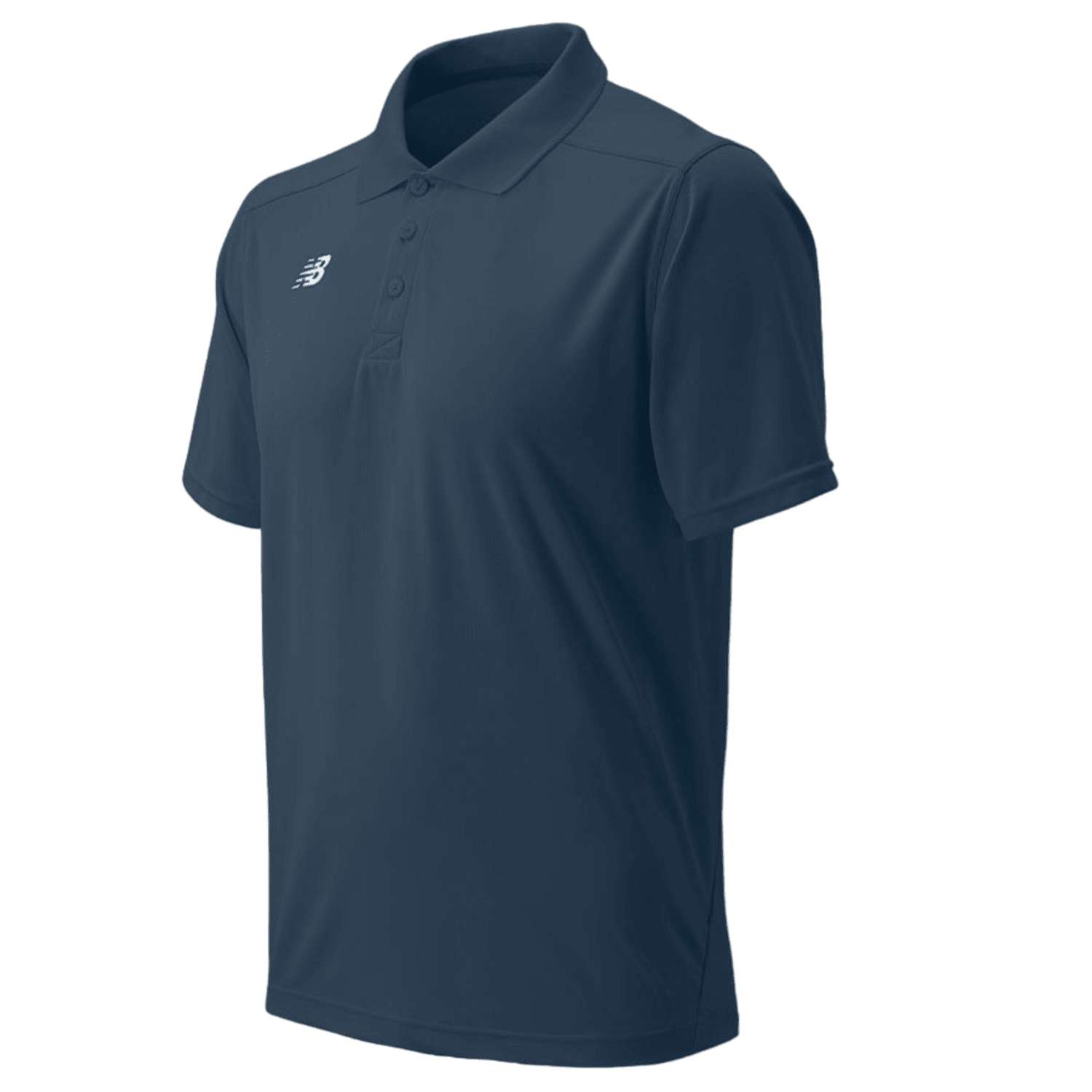 The New Balance Performance Polo in navy blue showcases a small white logo on the left chest and comes with short sleeves. Made from lightweight knit fabric featuring NB DRY moisture-wicking technology, it offers comfort and style throughout the day.