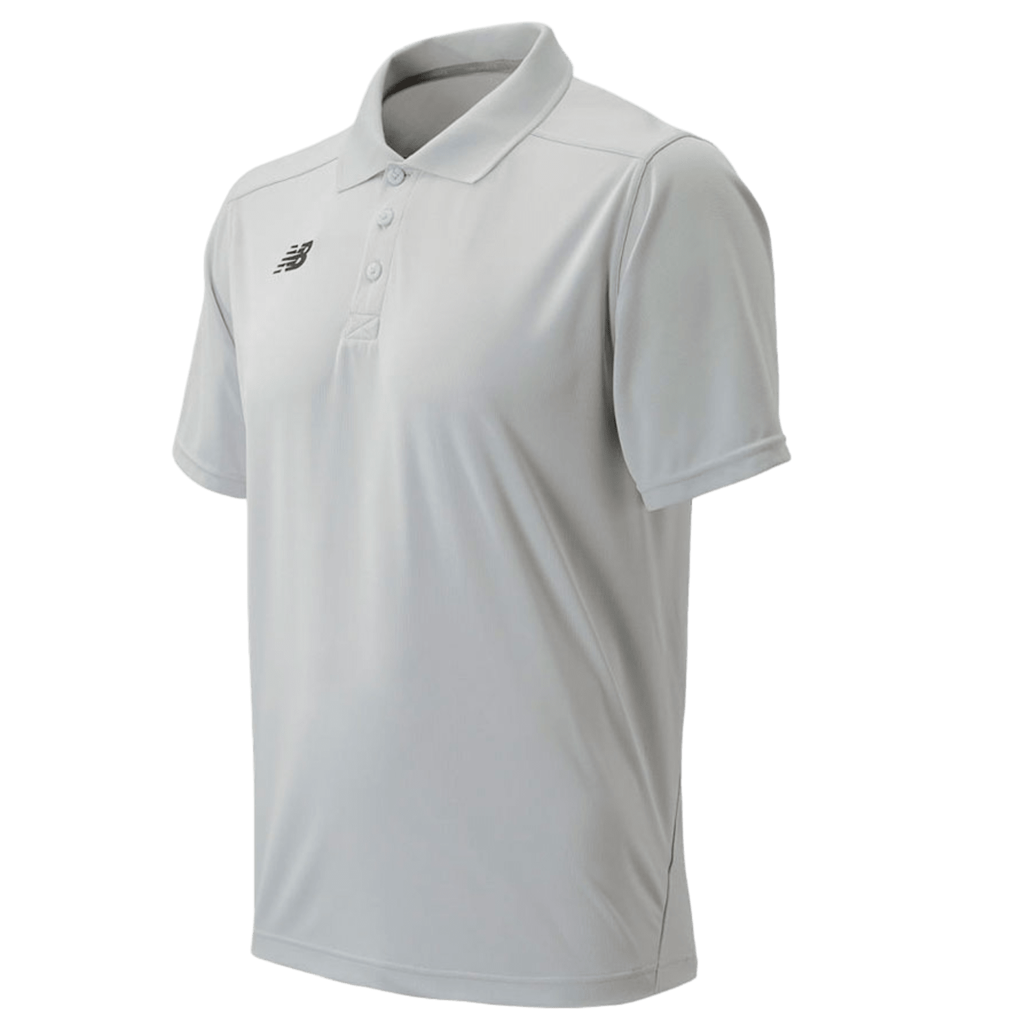 The New Balance Performance Polo is a light gray shirt with short sleeves and a three-button collar, featuring a small logo on the left chest. Crafted from lightweight knit fabric, it incorporates NB DRY moisture-wicking technology for smooth comfort and a simple, clean design.