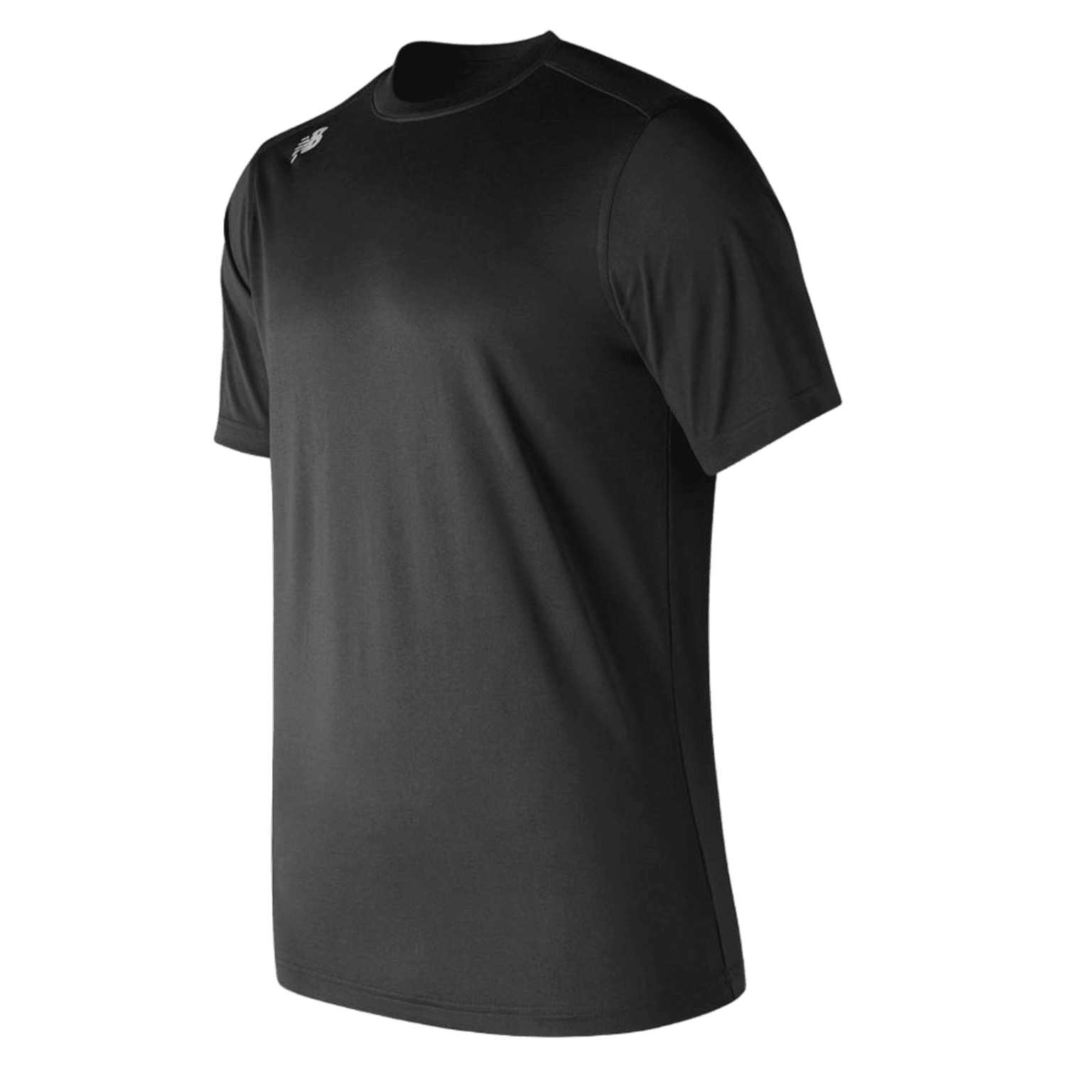 New Balance's Tech SS T-Shirt is an athletic fit, plain black short-sleeve shirt made from smooth polyester. It boasts a small NB heatseal logo on the right shoulder and is set against a white background.