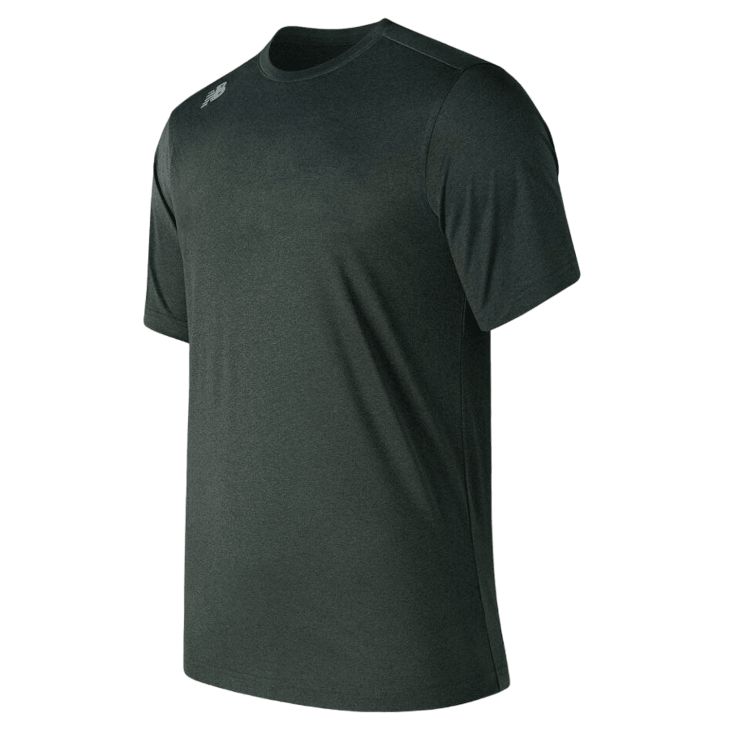 The New Balance Tech SS T-Shirt is a dark green, athletic-fit option made from polyester. It features short sleeves and a crew neck with an NB heatseal logo on the upper left chest.