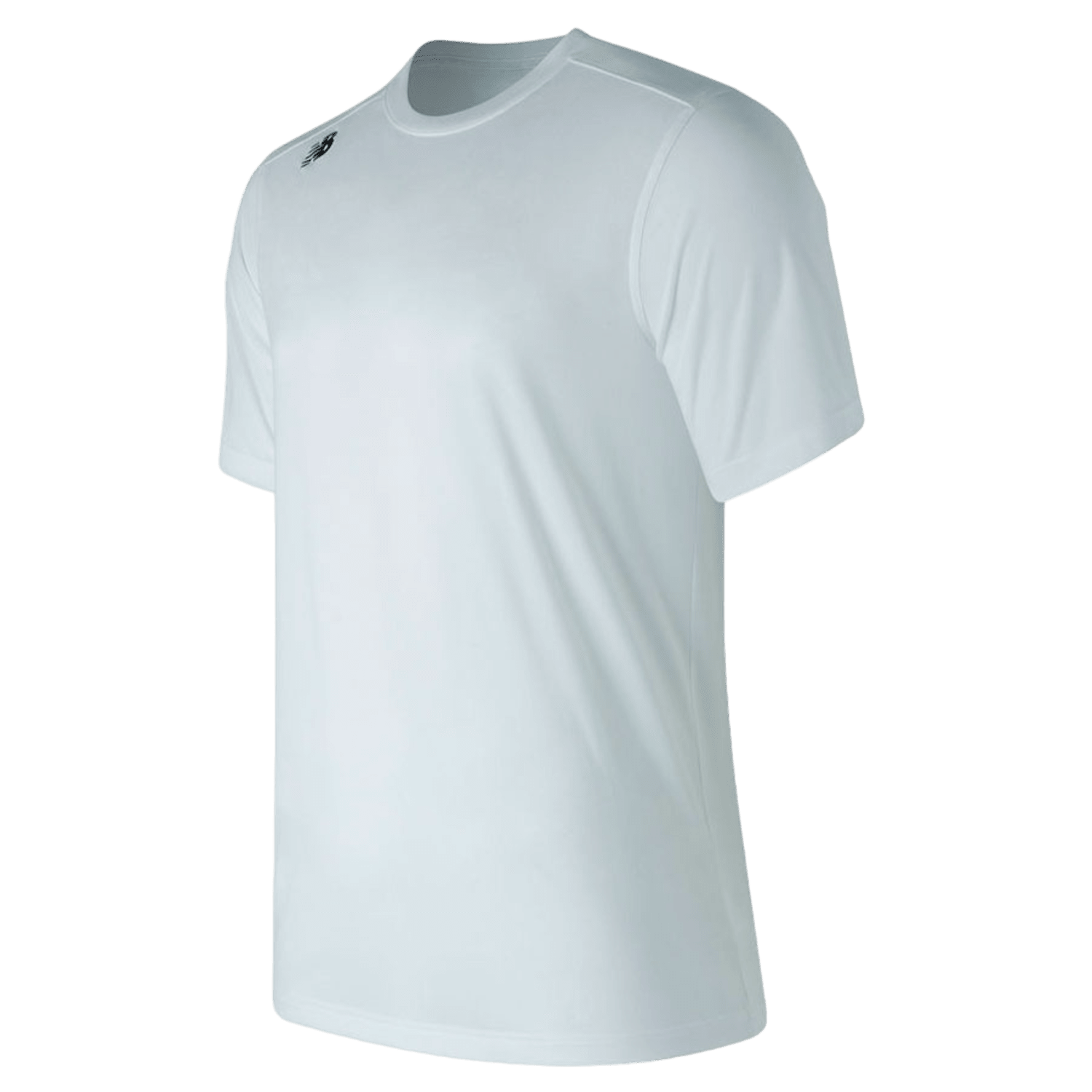 A New Balance Tech SS T-Shirt is depicted from a slight side angle, displaying its athletic fit and plain white design. It features a small NB heatseal logo on one shoulder, complemented by a simple crew neckline and short sleeves. This T-shirt is crafted from lightweight polyester material.