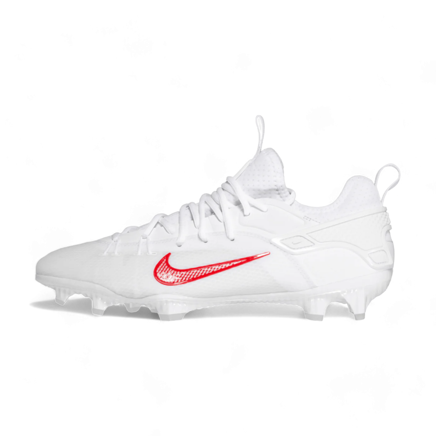 A white soccer cleat with blue accents, including a blue Nike swoosh logo on the side. The cleat features cutting-edge technology with a textured surface, a lace-up front, and studs on the sole for traction. Ideal for an elite lacrosse player, it’s reminiscent of the Nike Alpha Huarache 9 Elite Low TB by Nike.