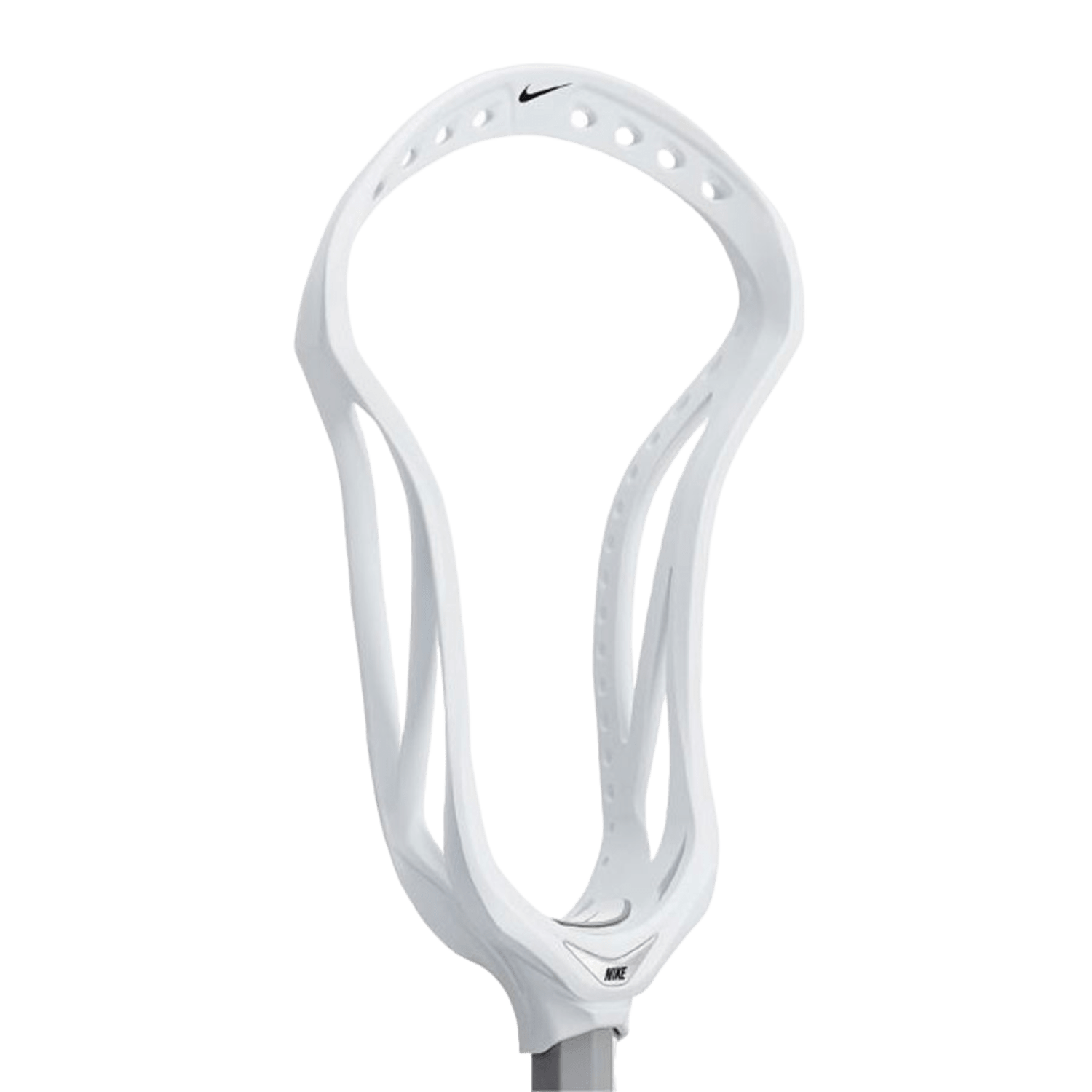 Picture of the Nike CEO 2 Lacrosse Head by Nike, featuring a white design with a revamped scoop at the top. The equipment boasts a curved frame with several holes ideal for securing a net, while the simple background accentuates this cutting-edge lacrosse head.