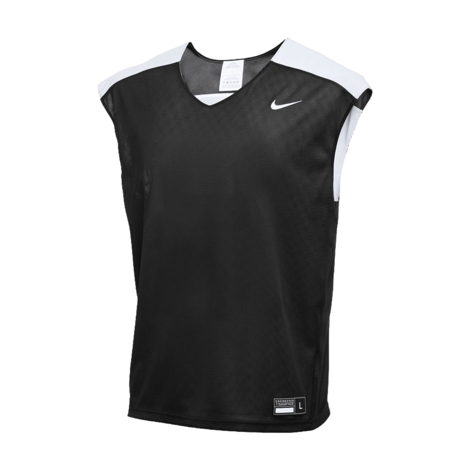 The Nike BQ3129 sports jersey is a black sleeveless Core Reversible Pinnie with a white shoulder panel and logo on the chest. Made from breathable mesh fabric, it boasts a V-neck design and includes a size tag at the bottom for added comfort and style during your athletic activities.