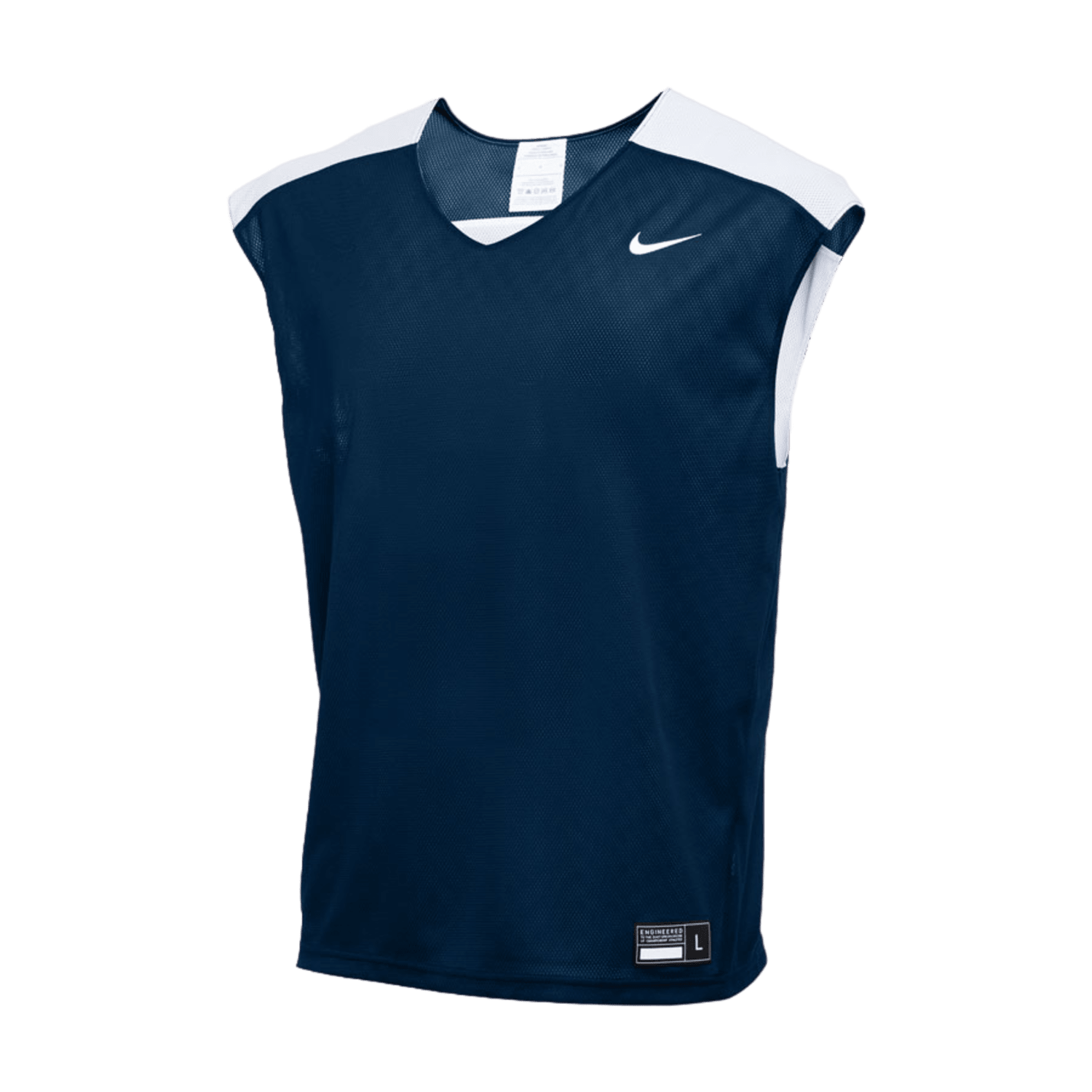 Introducing the Nike BQ3129, a navy blue sleeveless athletic jersey incorporating Dri-FIT technology. It features a V-neck and white shoulder panels, crafted from breathable mesh fabric. The design is accented with a small white Nike logo on the upper right chest area.