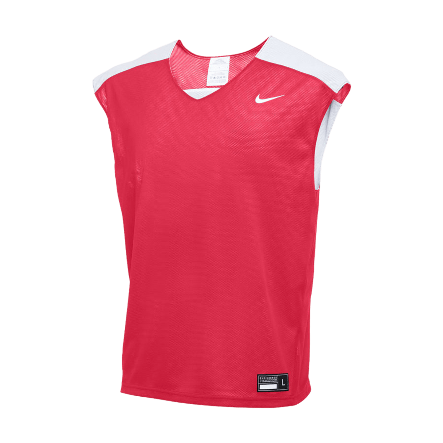 Introducing the Nike Core Reversible Pinnie: a red sleeveless athletic jersey with white shoulder accents and a small white swoosh logo on the right chest. Made from breathable mesh fabric, it includes a V-neck design and has a size "L" tag at the bottom, ensuring comfort in every move.