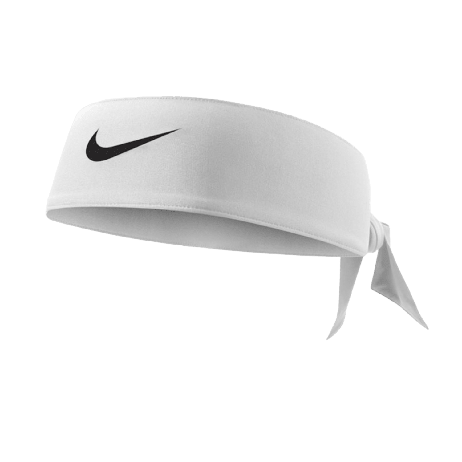 A black NIKE DRI-FIT HEAD TIE 3.0 featuring a white Nike logo prominently displayed. Equipped with Dri-FIT technology, the head tie is neatly tied with ends extending outward. Its minimalist and functional design makes it ideal for athletic use. The background is transparent.