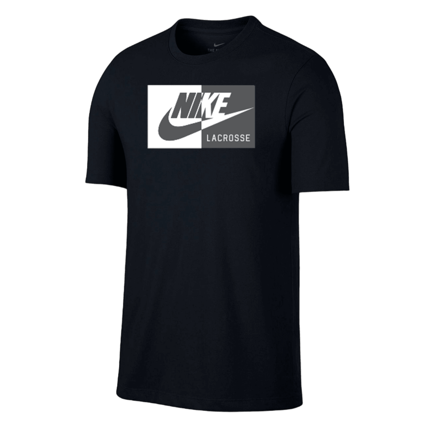 Nike Club Dri-Fit SS T-Shirt in black, showcasing a prominent logo design on the front with "LACROSSE" and the iconic Nike swoosh in two contrasting shades.