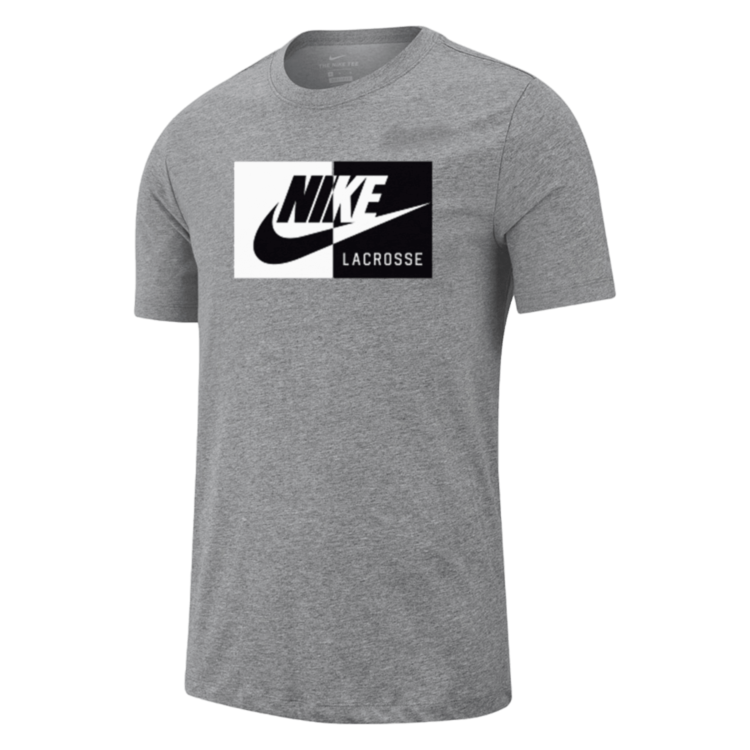 Nike Club Dri-Fit SS T-Shirt in gray, adorned with a black and white graphic, showcasing the Nike logo and the word "Lacrosse" on the front.