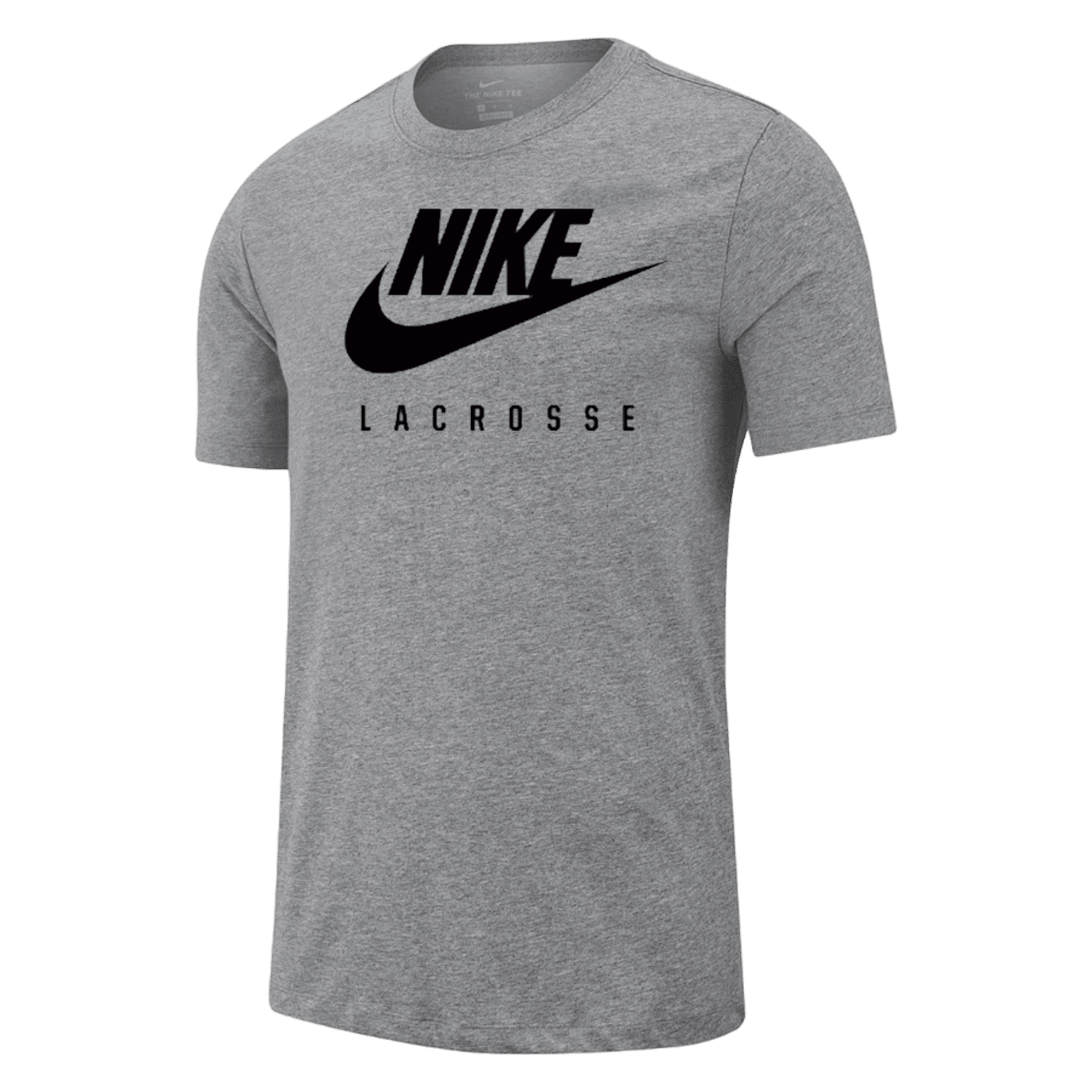 Introducing the M21418 by Nike: This gray t-shirt showcases the iconic black Nike swoosh logo with "LACROSSE" positioned underneath. It features a comfortable crew neck and short sleeves, perfect for any athlete or fan.