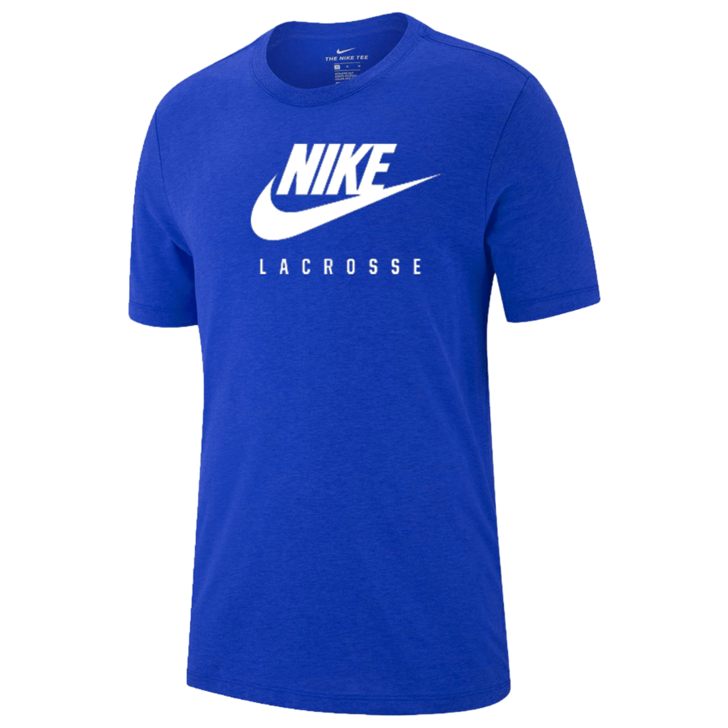 The M21418 by Nike is a blue t-shirt with the brand logo and "Lacrosse" printed in white on the front. It features short sleeves and a crew neckline.