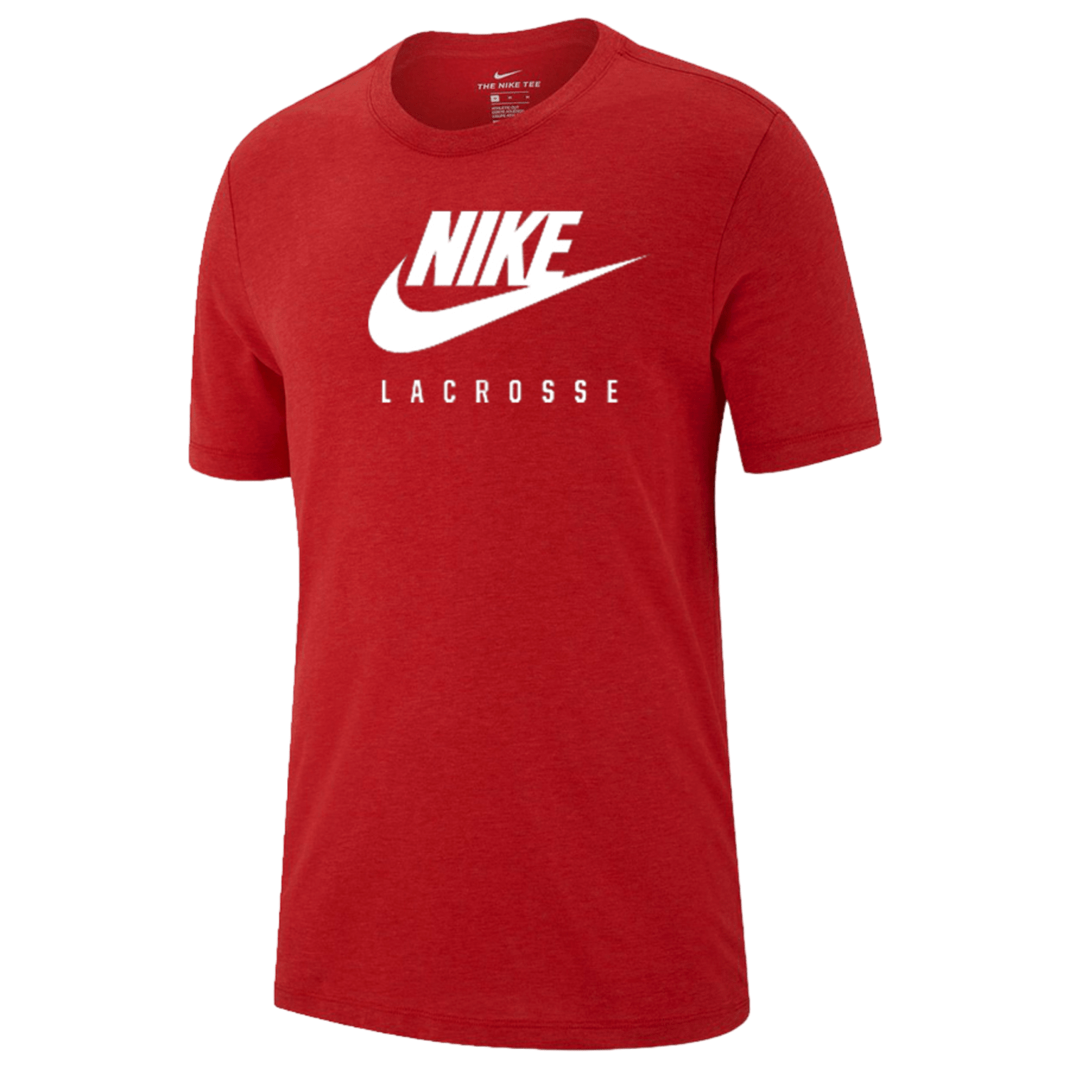 Nike Lacrosse T-shirt in red, featuring a white logo and text, is displayed against a plain background. Product ID: M21418.