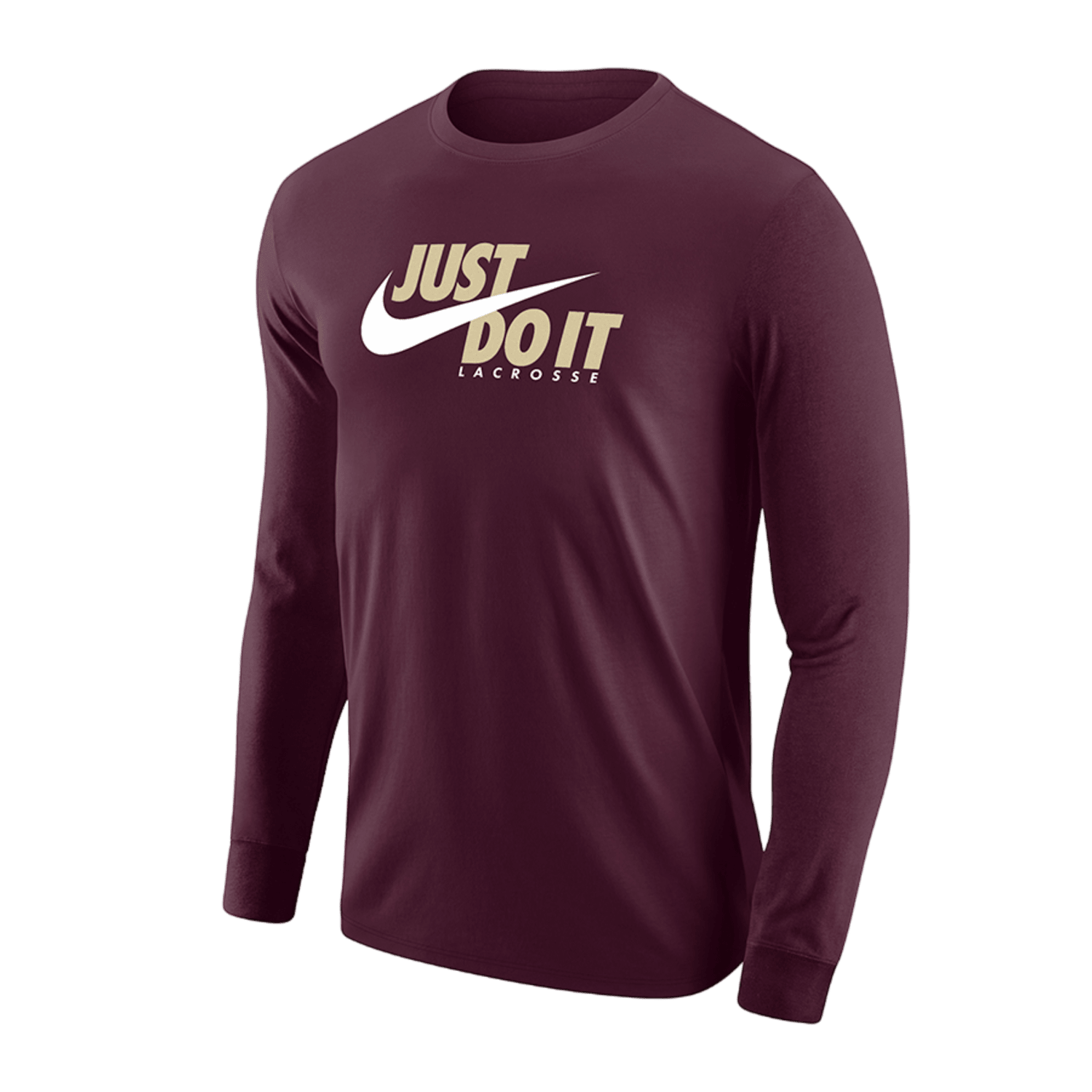 The Nike Core Cotton Long-Sleeve T-Shirt for men features a maroon design adorned with the iconic swoosh logo and "JUST DO IT" in white on the front, complemented by "LACROSSE" elegantly displayed underneath. Ideal for fans of Nike Lacrosse.