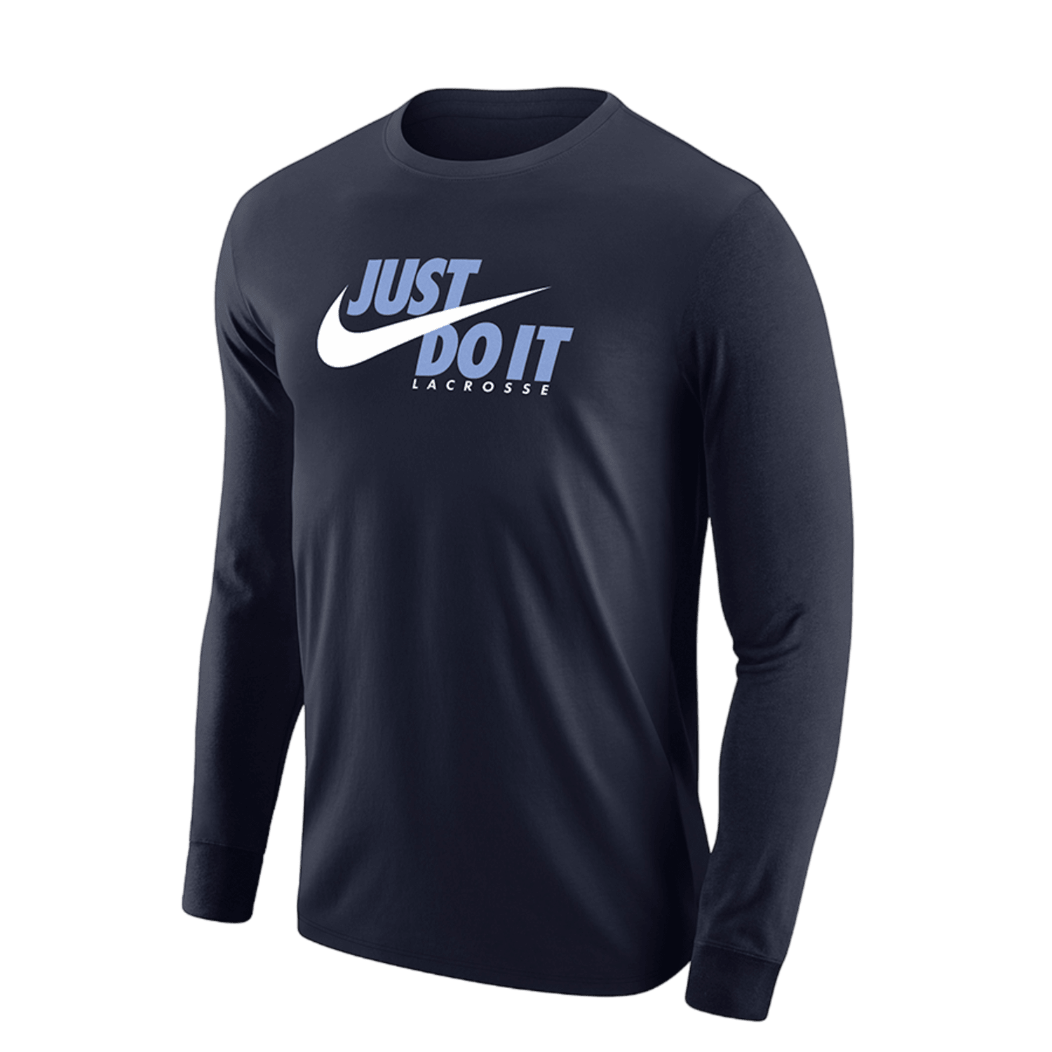 Introducing the Nike Core Cotton LS T-Shirt for men in navy blue. This long-sleeve shirt prominently features the iconic "JUST DO IT" slogan with a swoosh, and the word "LACROSSE" boldly printed below, allowing you to proudly display your Nike Lacrosse spirit.