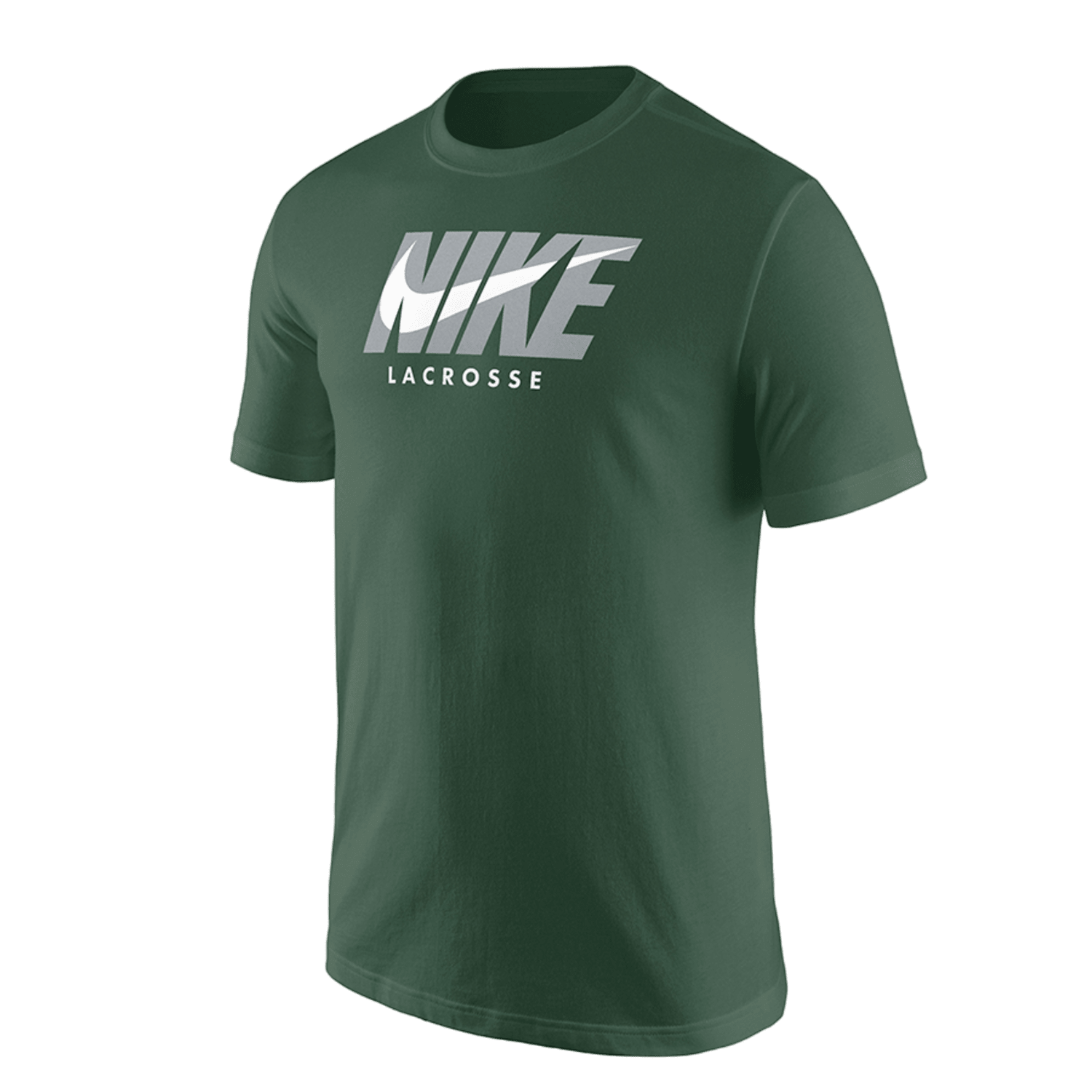 Nike Core Cotton SS T-Shirt for men in a vibrant green color, highlighting "Nike Lacrosse" boldly printed in white on the front. This short-sleeved shirt with a round neck is ideal for expressing your team spirit.