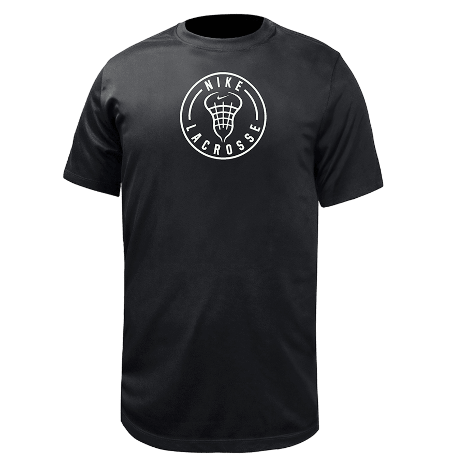 The Nike DF Legends SS T-Shirt - LX Head is a black t-shirt featuring a white "Nike Lacrosse" logo with a stylized lacrosse net and head design on the front.