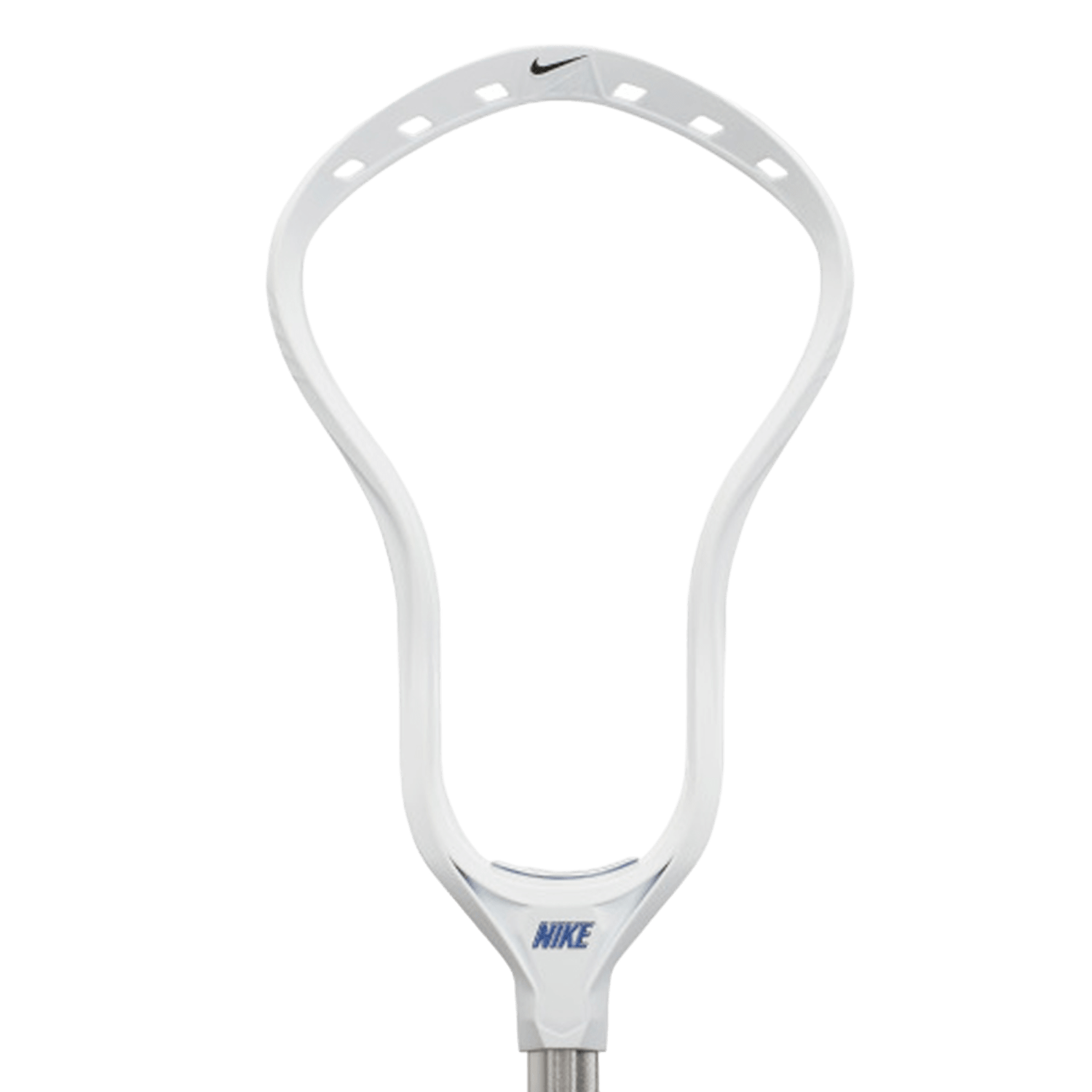 The Nike L3 men's lacrosse head, available in white, boasts a sleek, curved design with multiple string holes along the edge for custom stringing. It features a black swoosh logo at the top and "NIKE" printed in blue near the base, optimizing ball control. This head is ready for attachment to any standard lacrosse stick.