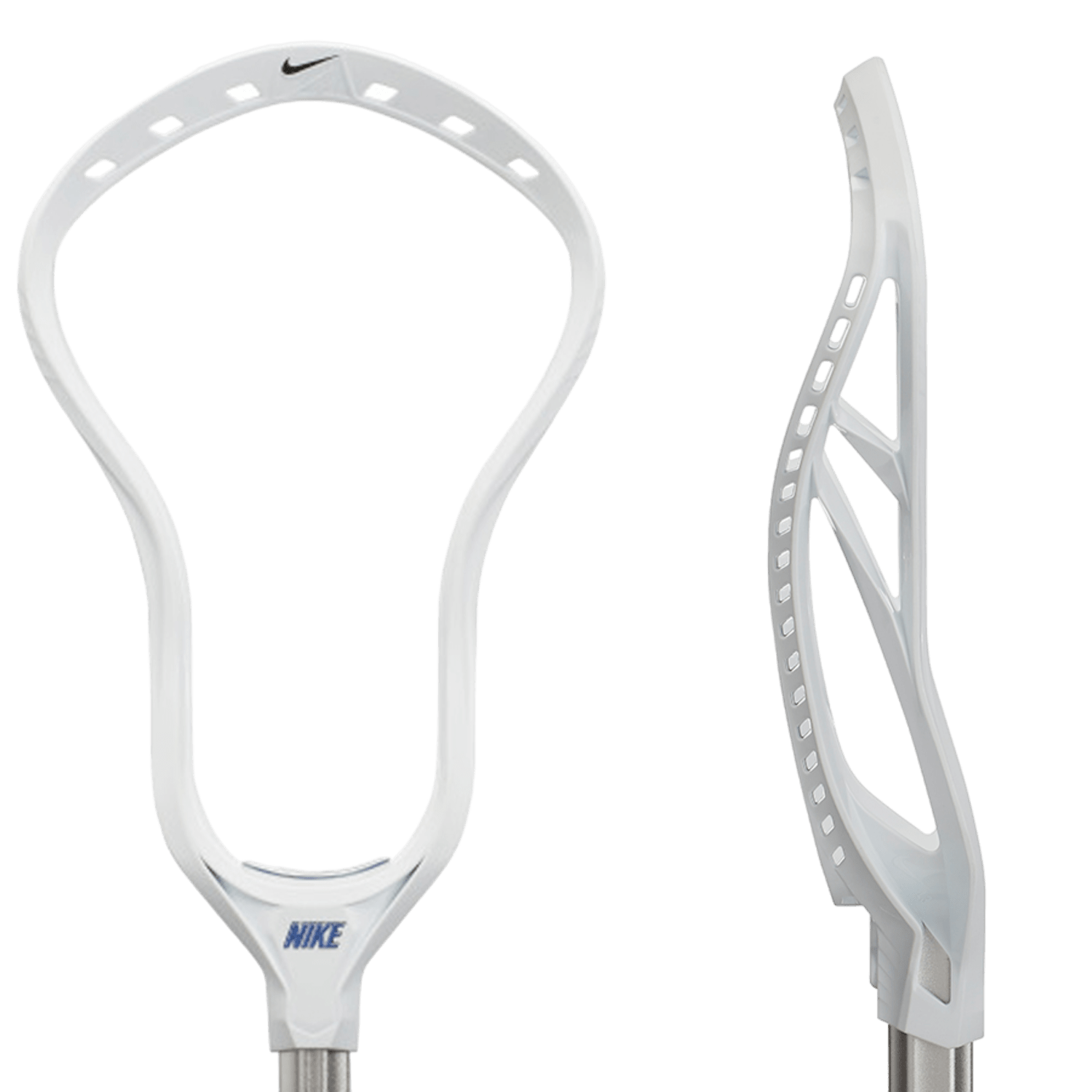 The Nike L3 men's lacrosse head, available in white, boasts a sleek, curved design with multiple string holes along the edge for custom stringing. It features a black swoosh logo at the top and "NIKE" printed in blue near the base, optimizing ball control. This head is ready for attachment to any standard lacrosse stick.