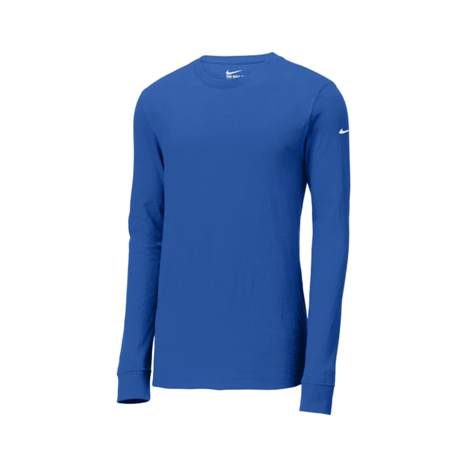 A resilient Nike Cotton LS T-Shirt in blue, showcasing a subtle white logo on the chest and sleeve against a simple backdrop.