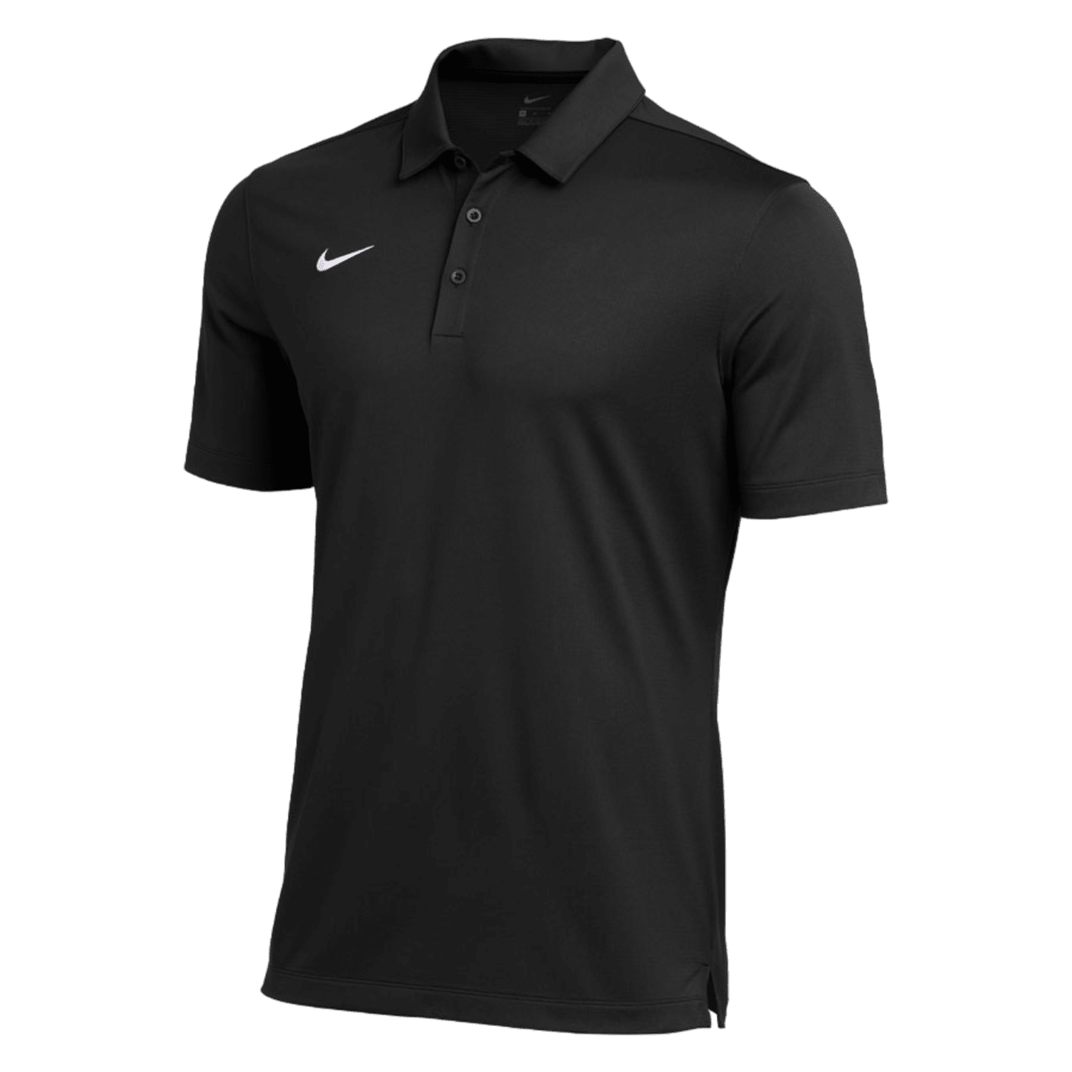 The Nike Franchise Polo in black showcases a white logo on the right side of the chest. It includes a classic collar, short sleeves, and a buttoned placket, all equipped with moisture-wicking technology to ensure comfort.