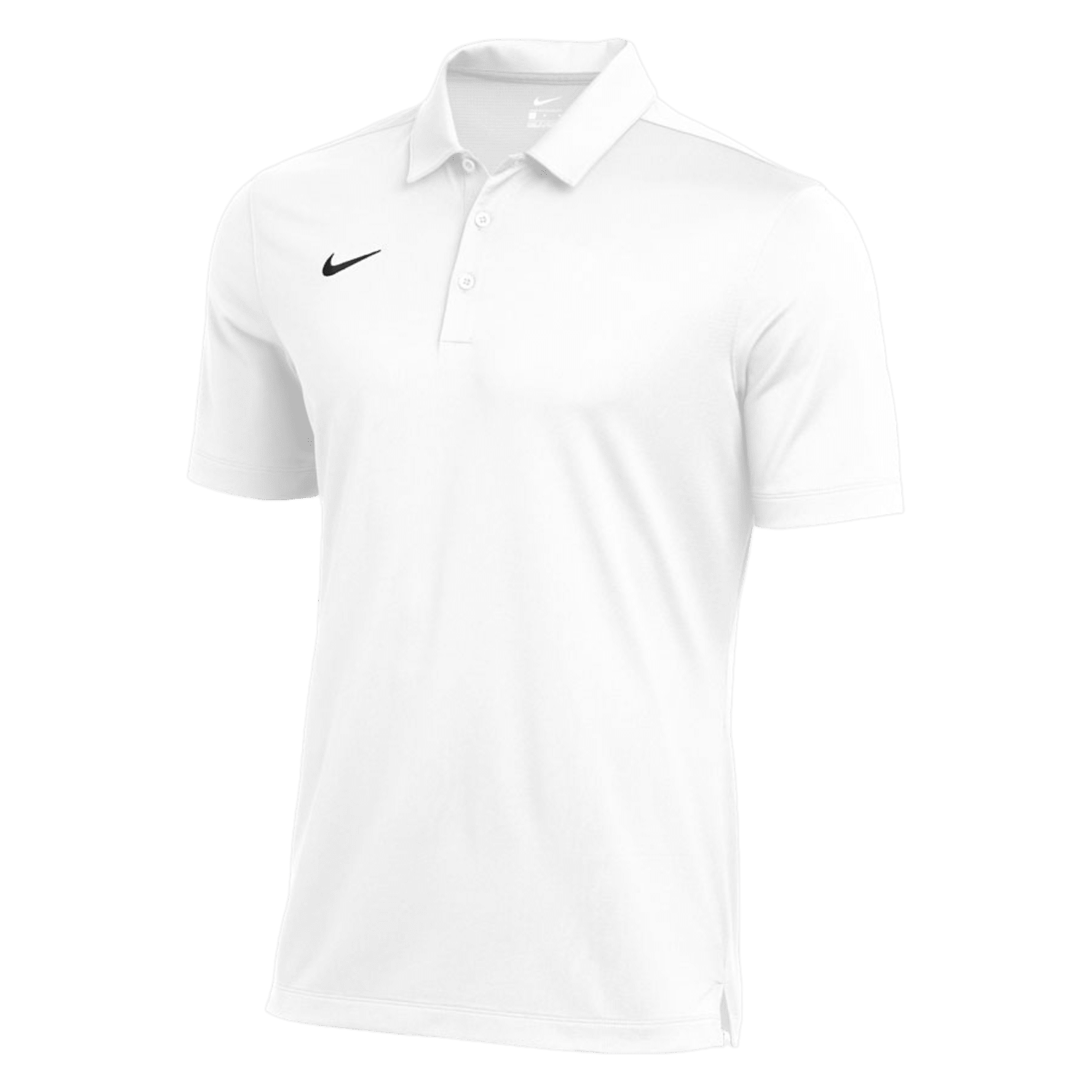 The Nike Franchise Polo is a classic short-sleeve shirt in plain white, featuring a collar and a small black swoosh logo on the upper left chest. It includes moisture-wicking technology for enhanced comfort.