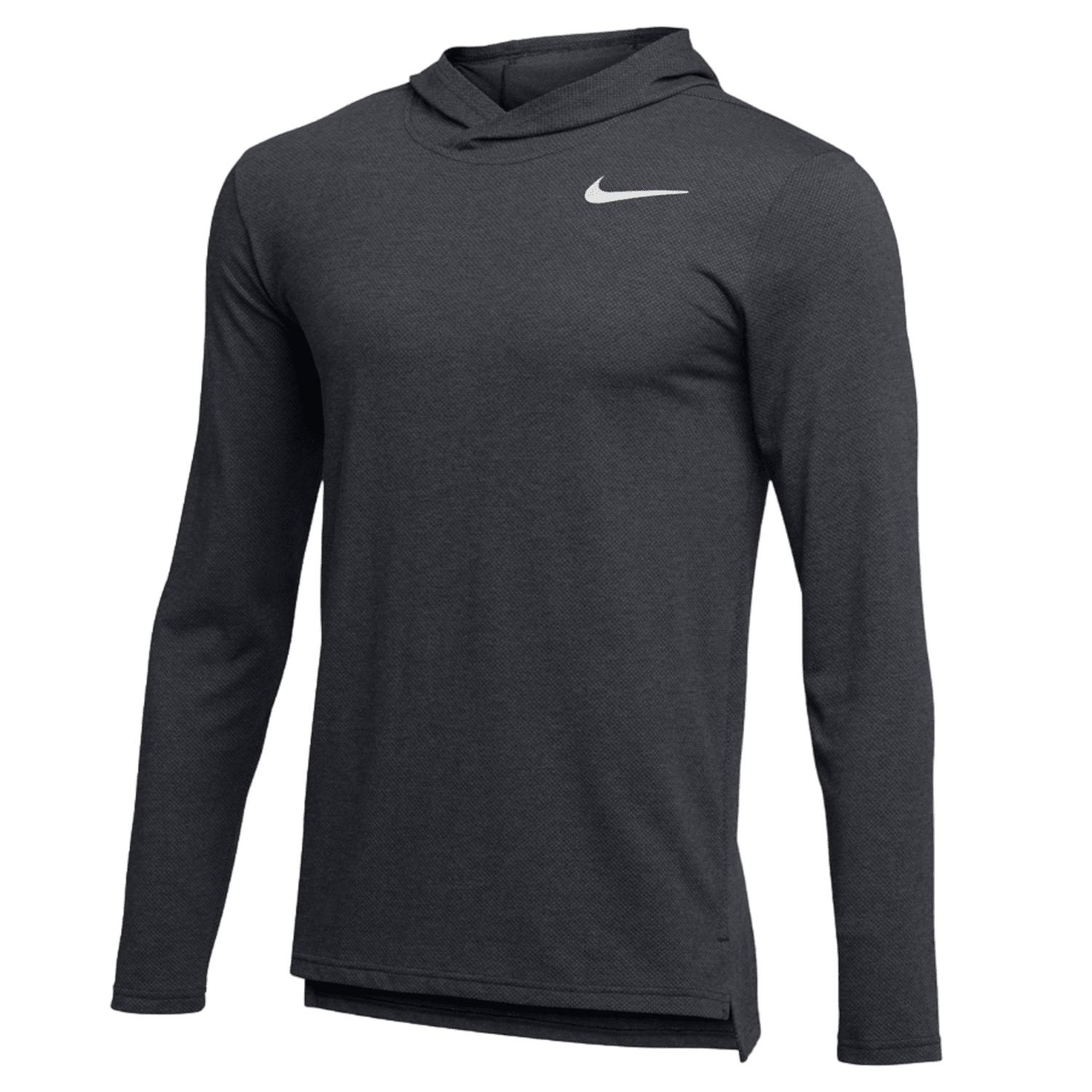 Introducing the Nike AO7579: a sweat-resistant dark gray long-sleeve athletic hoodie featuring a small white logo on the left chest. Designed with a fitted cut and no front pockets, it ensures optimal comfort during your workouts.