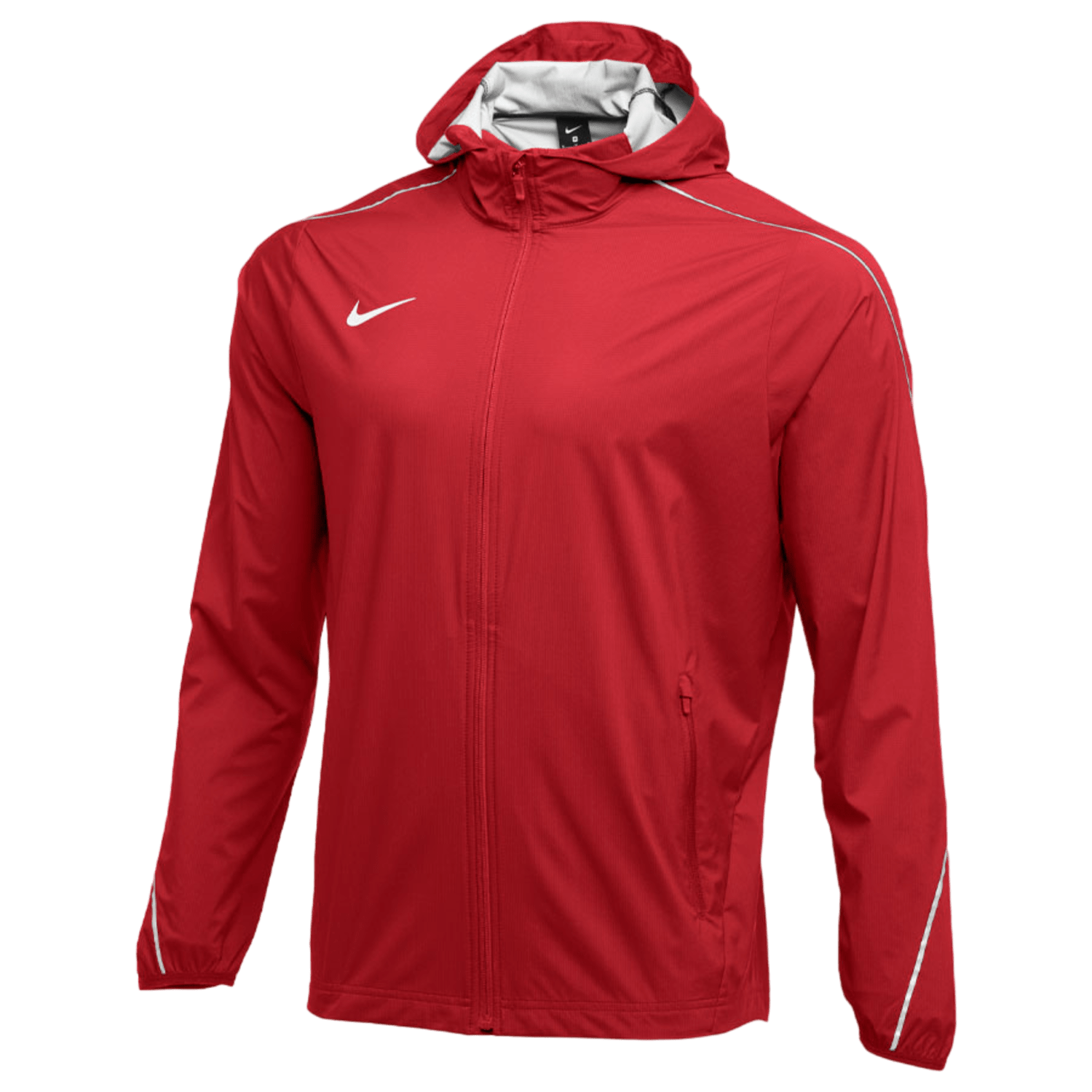 The Nike Woven Jacket is a red training jacket with a hood and white accents, designed for a comfortable fit. It includes a small white logo on the chest, featuring a front zipper and zippered pockets. This lightweight jacket is perfect for outdoor activities.