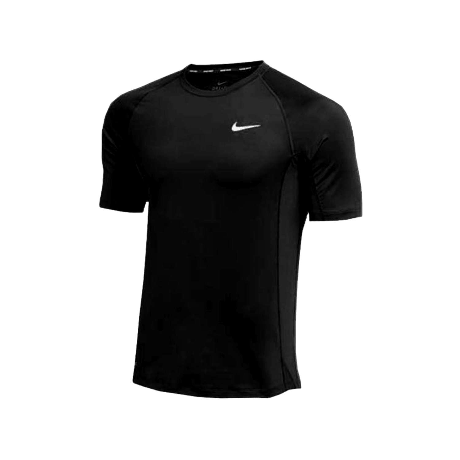 The Nike Pro Fitted SS T-Shirt, a black short-sleeve athletic top for men, showcases a small white swoosh logo on the chest. It's crafted with Dri-FIT technology to ensure comfort during workouts and is set against a plain green background.