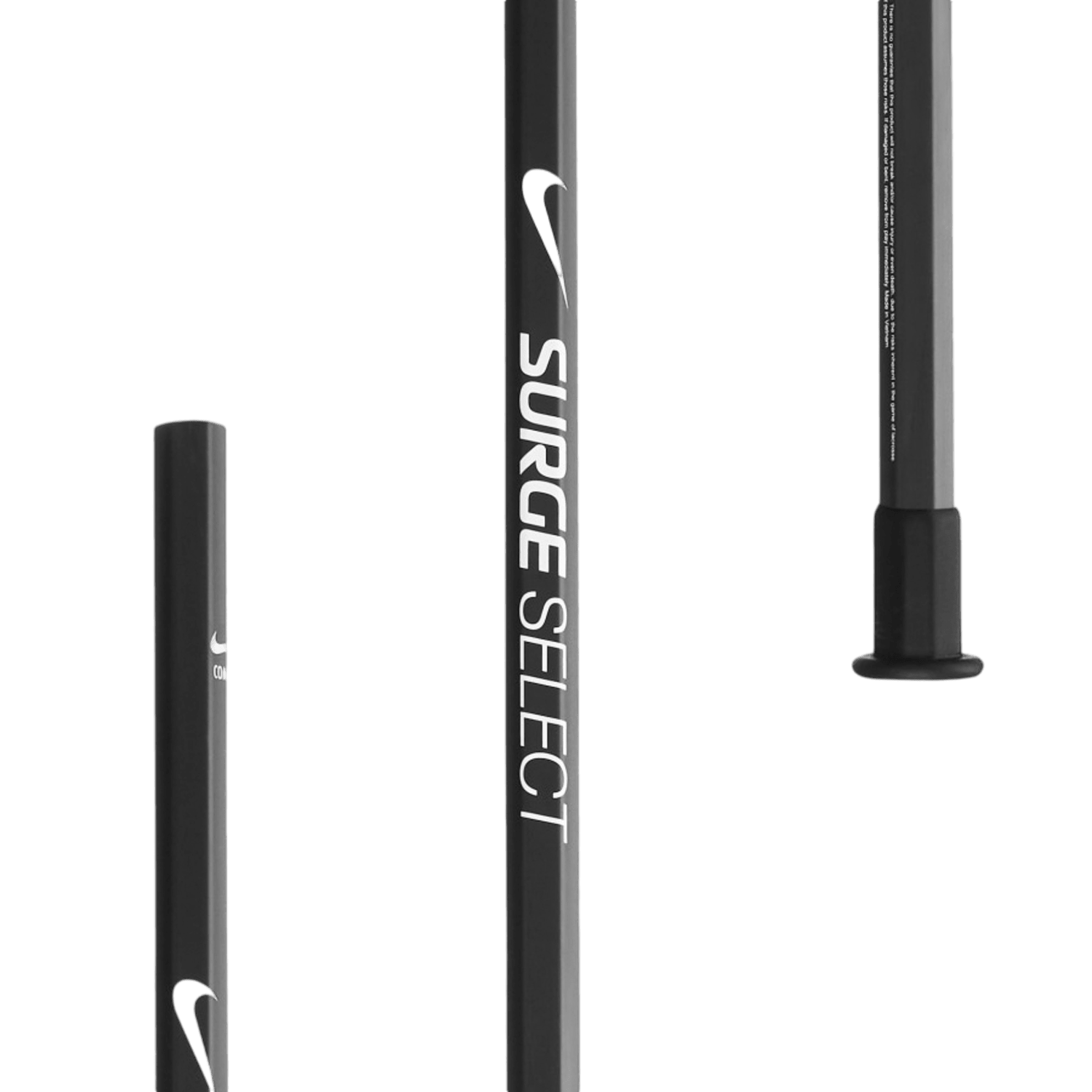 Close-up of a black lacrosse shaft featuring a textured finish, prominently displaying the "Nike Surge Select Composite Lacrosse Shaft" label in white. The image focuses on different sections of the shaft set against a green background.