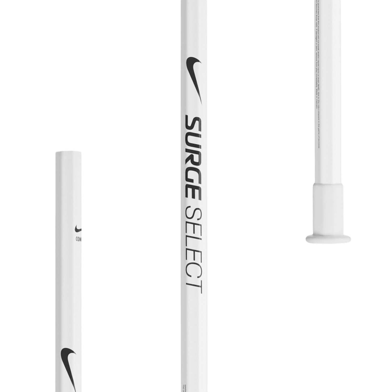 Close-up image of the Nike Surge Select Composite Lacrosse Shaft, highlighting its sleek white design. The central shaft prominently displays the Nike logo and "SURGE SELECT" text in black against a textured finish, while other handles provide partial views of the design.