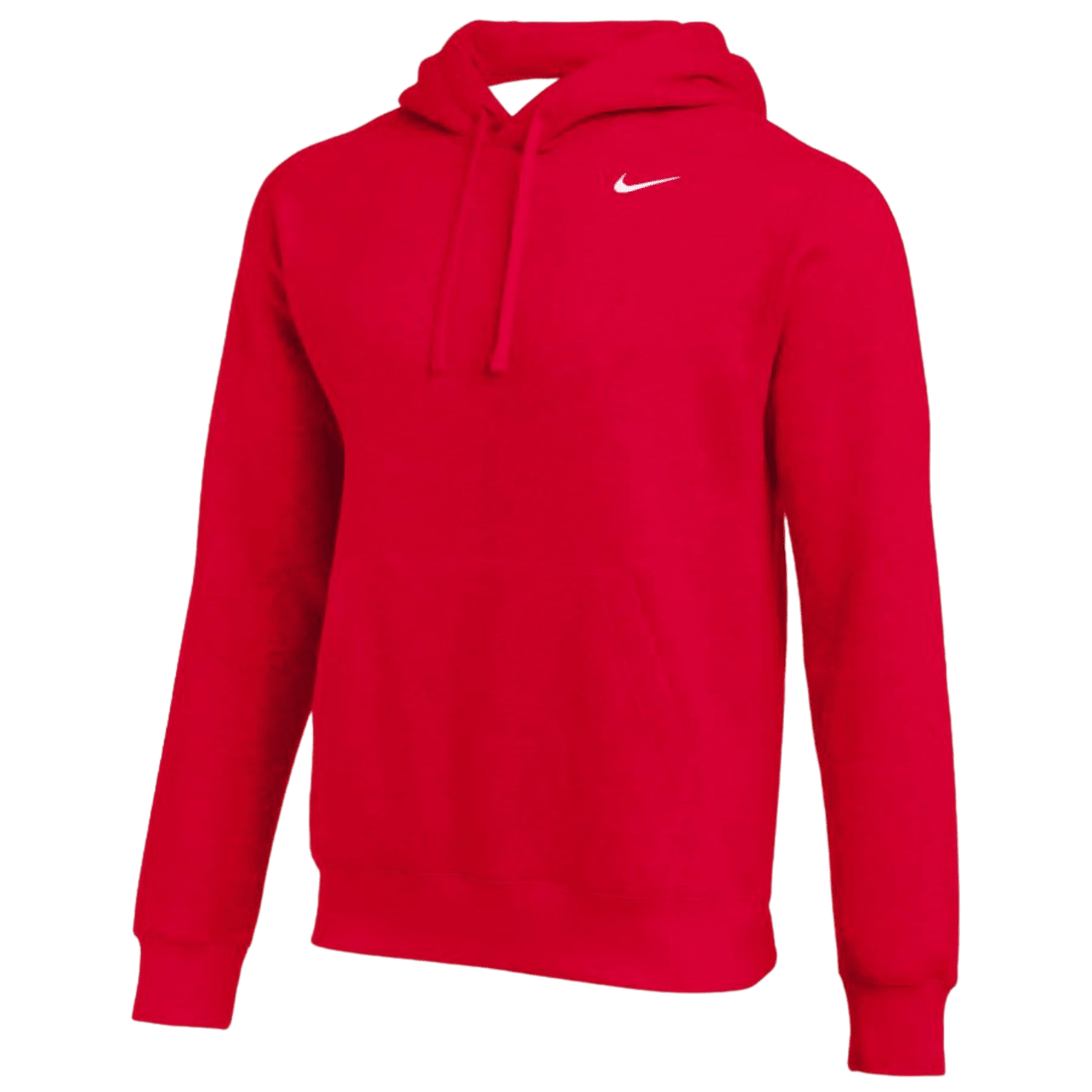 A black Nike Team Club Pullover Hooded Sweatshirt with a drawstring hood and a front kangaroo pocket. The sweatshirt features a small white Nike swoosh logo on the left chest. Made from soft Cotton Knit fabric, it boasts a slightly textured exterior and cozy fleece interior.