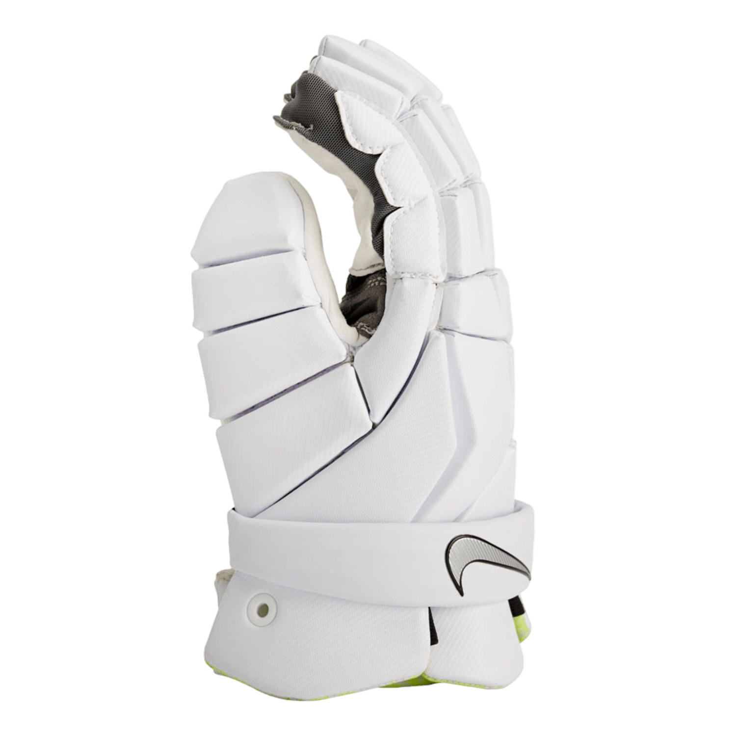 The Nike Vapor Gloves by Nike are black padded sports gloves designed for protection, featuring advanced lacrosse glove technology with segmented padding and a grey interior. These youth lacrosse gloves include a secure wrist strap adorned with a white swoosh logo and a small white button detail near the wrist area.