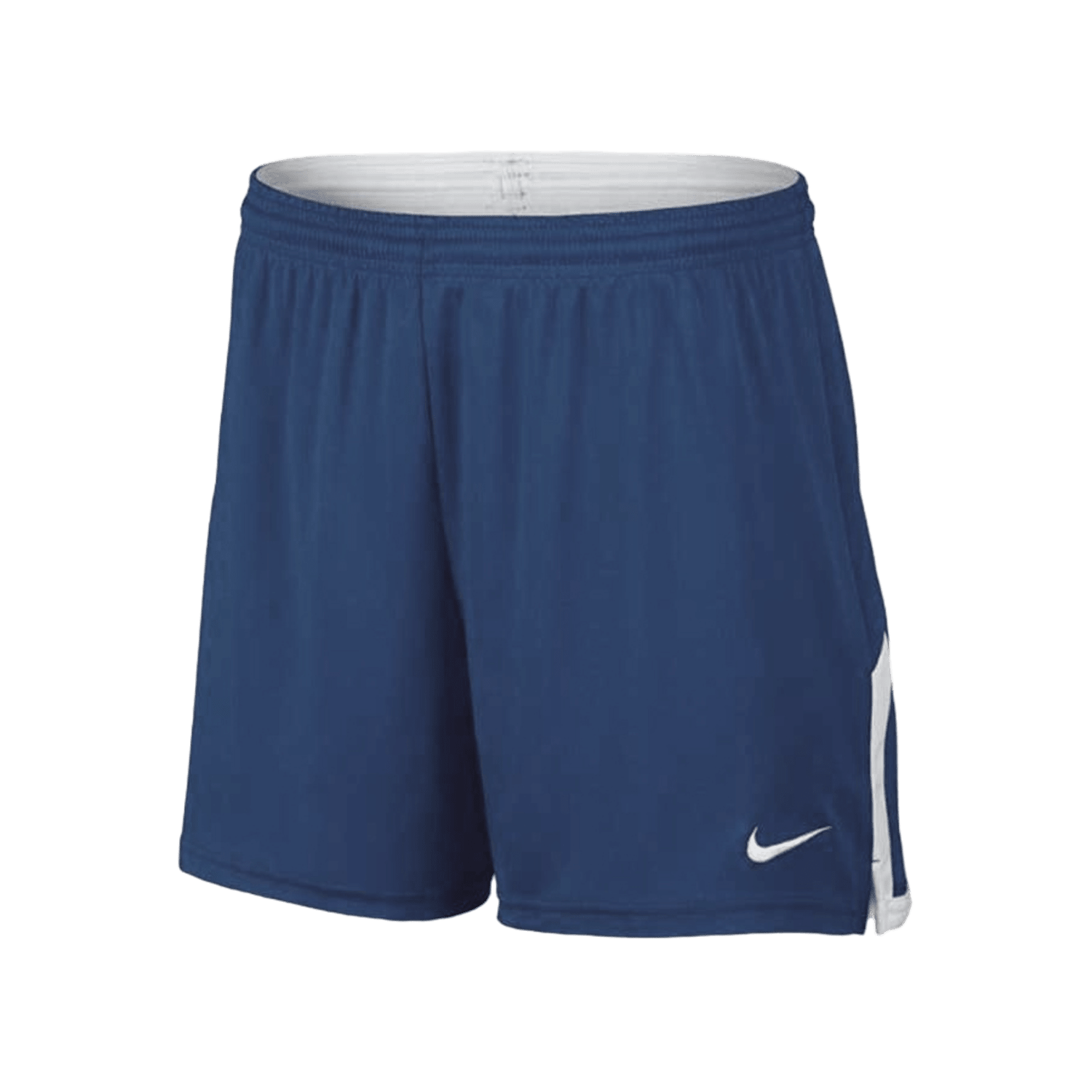 A pair of black Nike W Stock Faceoff Shorts with an elastic waistband. The shorts feature white accents on the sides, a small white Nike swoosh logo near the bottom of the left leg, and Dri-FIT technology to keep you cool and comfortable.