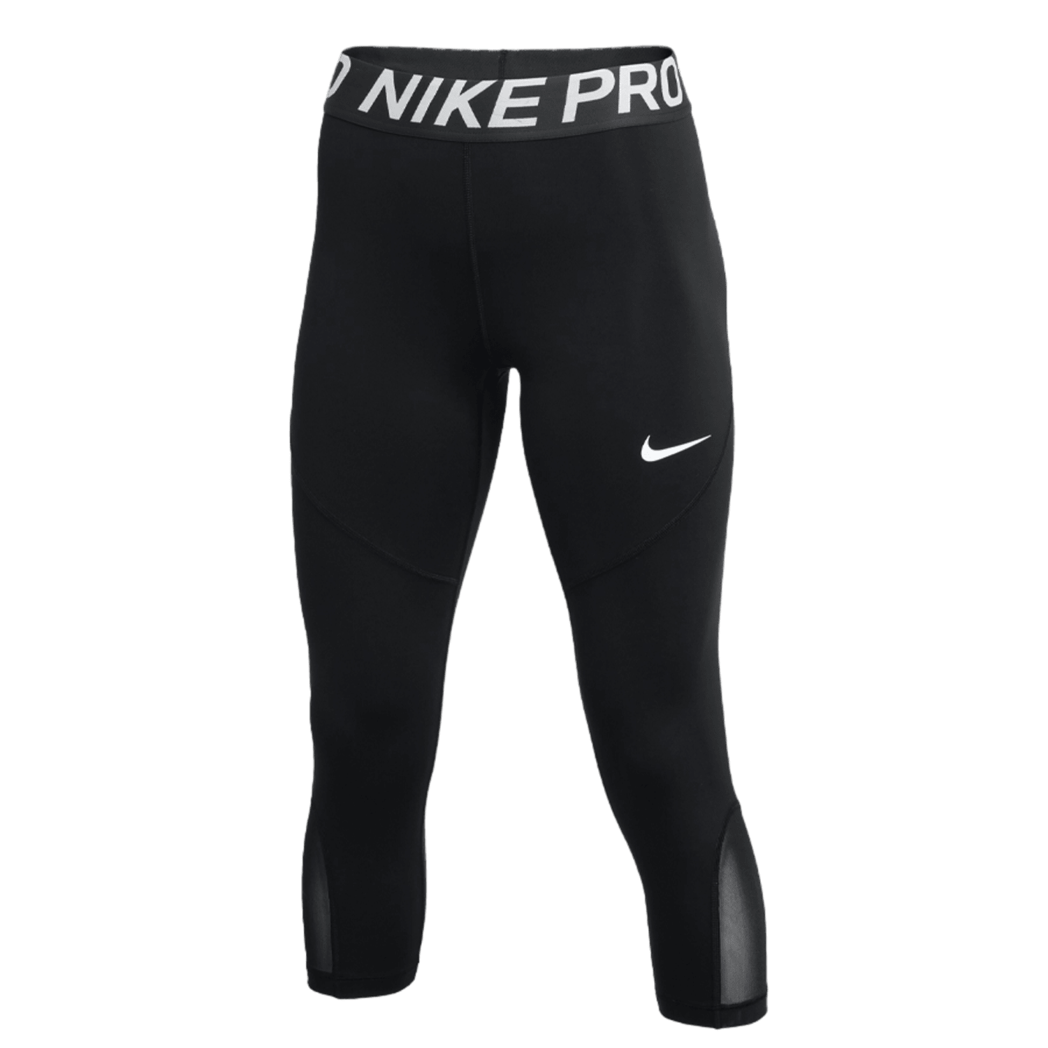 The Nike Women's NP Pro Capri leggings are made with Dri-FIT technology and recycled polyester fibers. These black leggings display a visible logo on the waistband and a signature white swoosh on the left thigh, featuring a fashionable three-quarter length design.