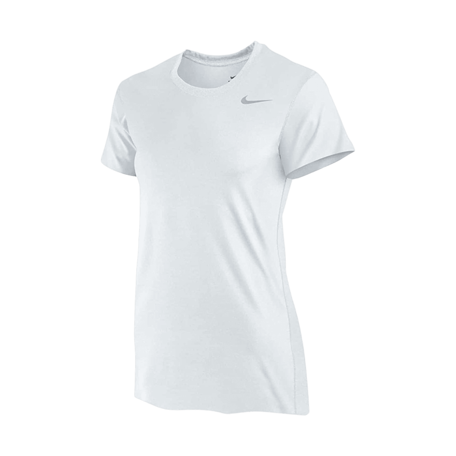 A gray women's short-sleeve athletic T-shirt featuring a black Nike swoosh logo on the upper left chest. The Nike W's Legend SS Tee has a simple, fitted design and sweat-wicking technology, making it perfect for exercise or showing team spirit in casual settings.