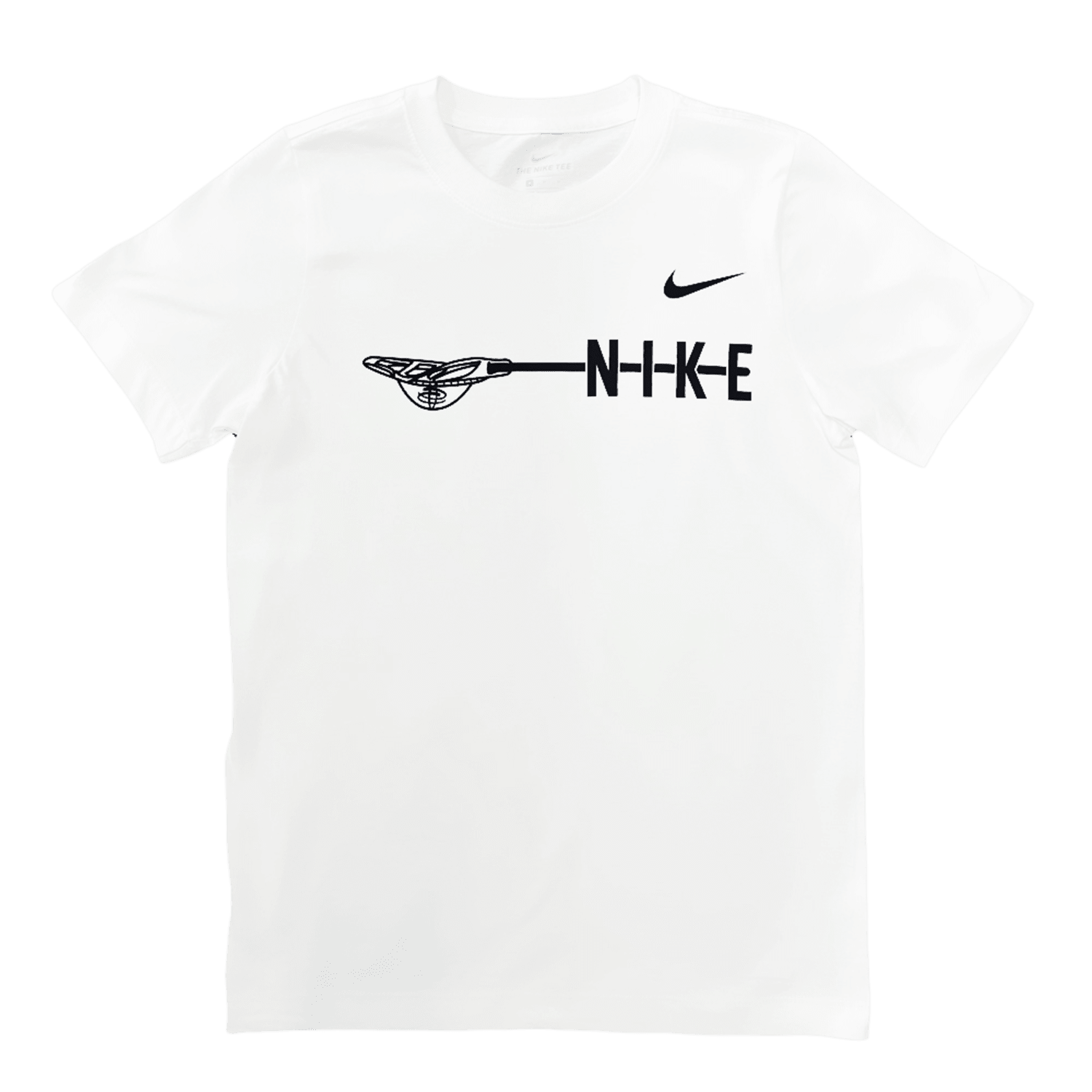 Nike Youth Lacrosse Cotton Short Sleeve T-Shirt in white, showcasing a black stylized text logo and an aircraft graphic on the front.