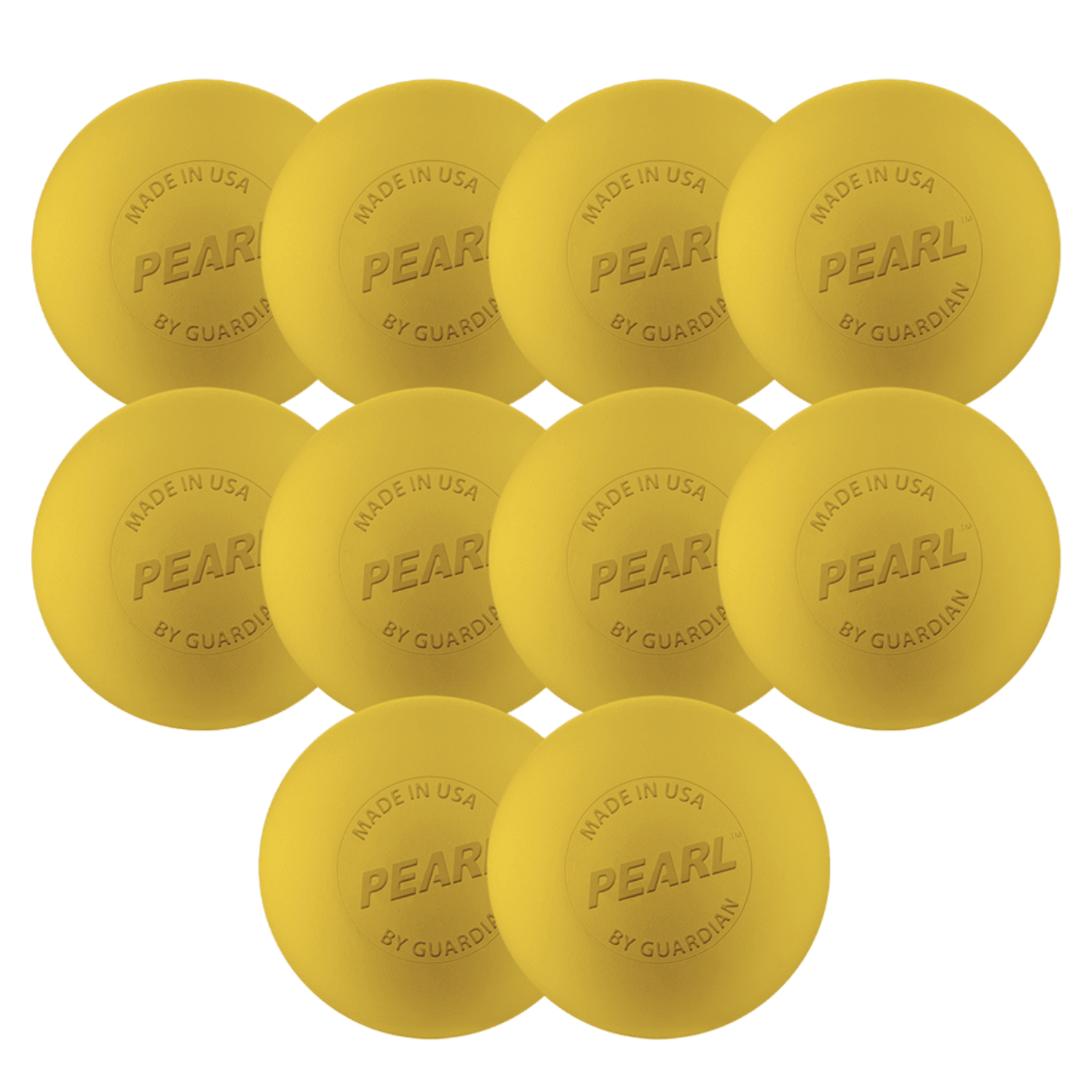 A set of ten orange, grease-free round disks, each marked with the text "MADE IN USA BY GUARDIAN PEARL," arranged uniformly in a triangular formation against a plain background. Suitable for use as Pearl X Lacrosse Balls- 10 pack by Pearl.