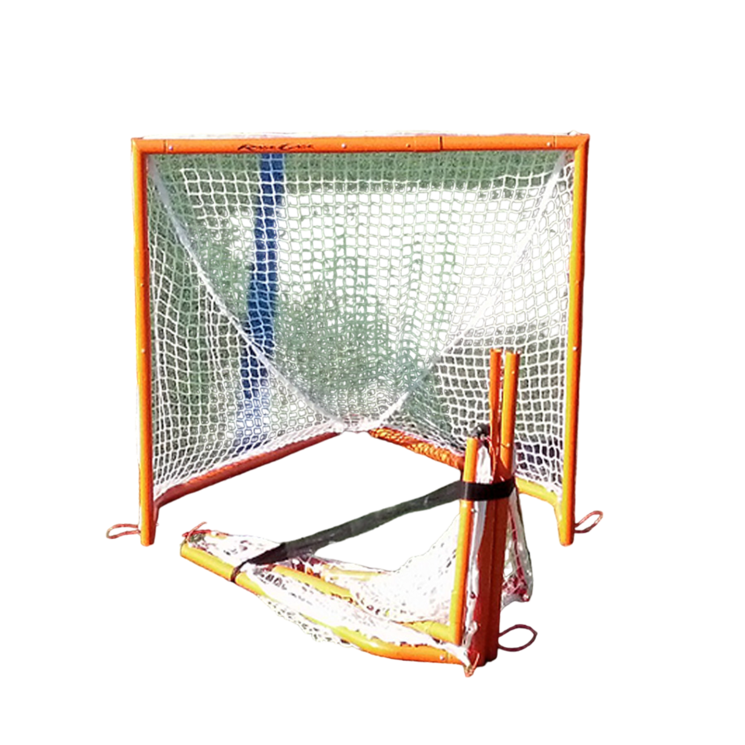 A folded RageCage Box-V5 Goal with white netting secured by black straps and a yellow piece of fabric. The orange soccer goal frame is compactly collapsed, making it perfect for storage or transport.